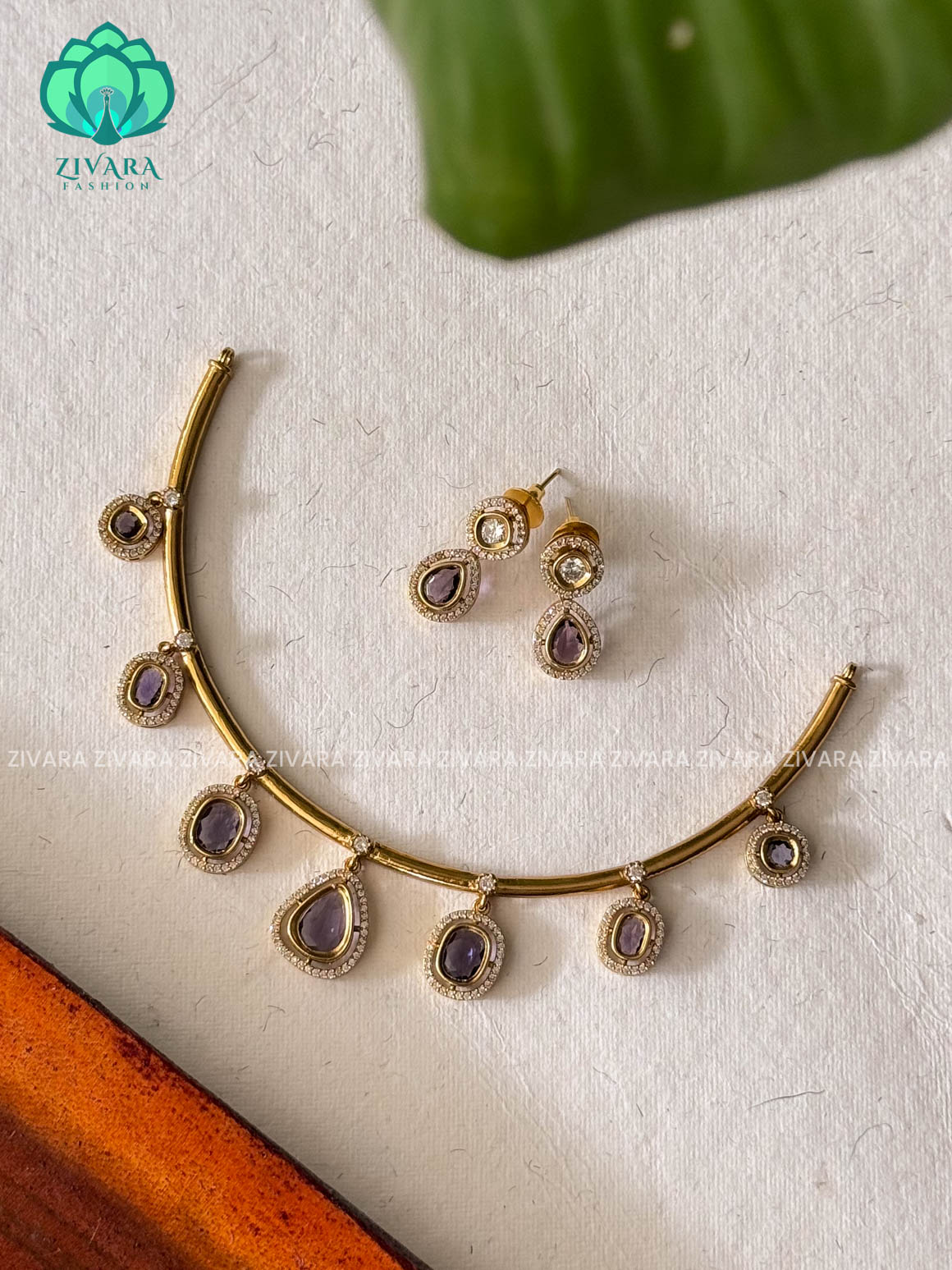 PURPLE - Simple HASLI with stone hanging Traditional south indian premium neckwear with earrings- Zivara Fashion