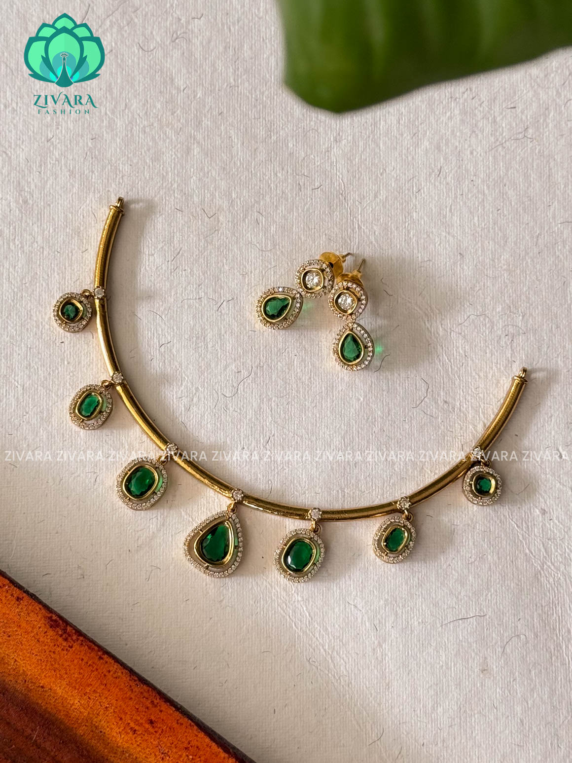 GREEN - Simple HASLI with stone hanging Traditional south indian premium neckwear with earrings- Zivara Fashion