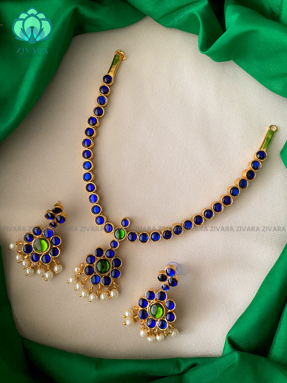 BLUE AND Green- CHINMAYI - Simple kemp attigai neckwear - latest kemp dance jewellery collection