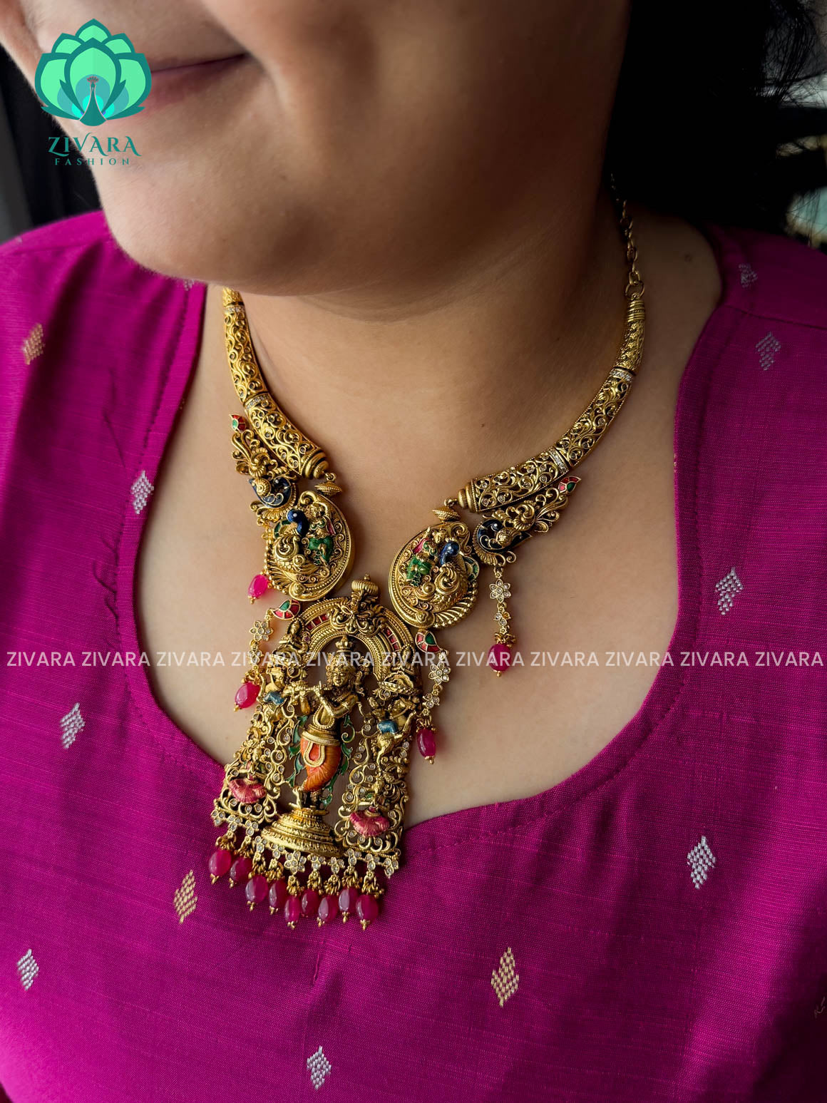 MADHURYA - DIVINE KRISHNA MIDCHEST HASLI VINTAGE FINISH handpainted - Traditional south indian premium neckwear with earrings- Zivara Fashion- latest jewellery design