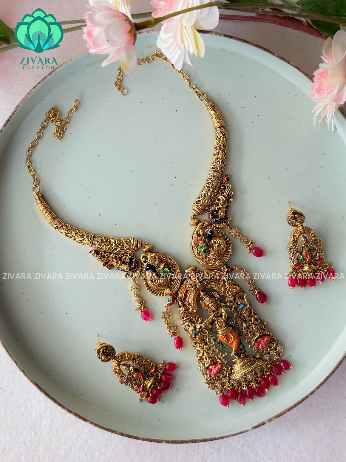 MADHURYA - DIVINE KRISHNA MIDCHEST HASLI VINTAGE FINISH handpainted - Traditional south indian premium neckwear with earrings- Zivara Fashion- latest jewellery design