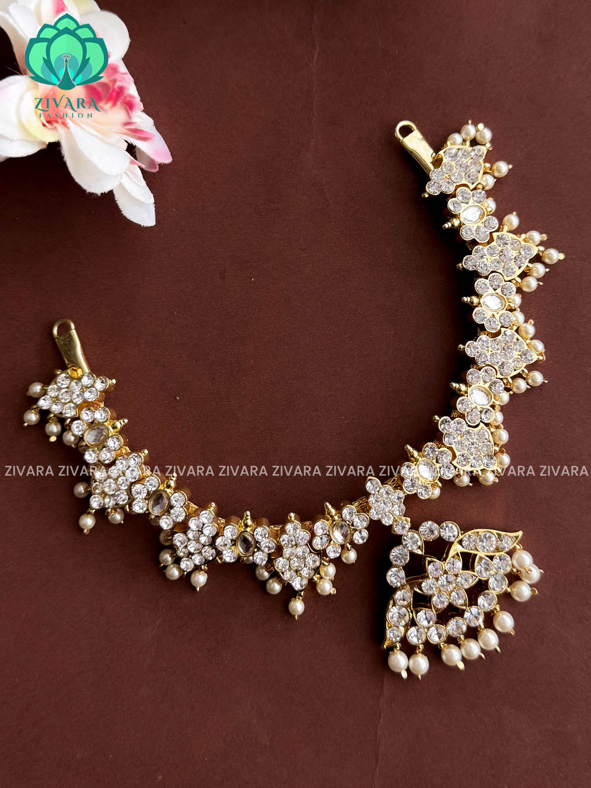 MATHANGI- NECKLACE- WHITE STONE BHARATHANATYAM DANCE PREMIUM JEWELLERY (PREORDER WITH 3 TO 10 DAYS DISPATCH TIME)
