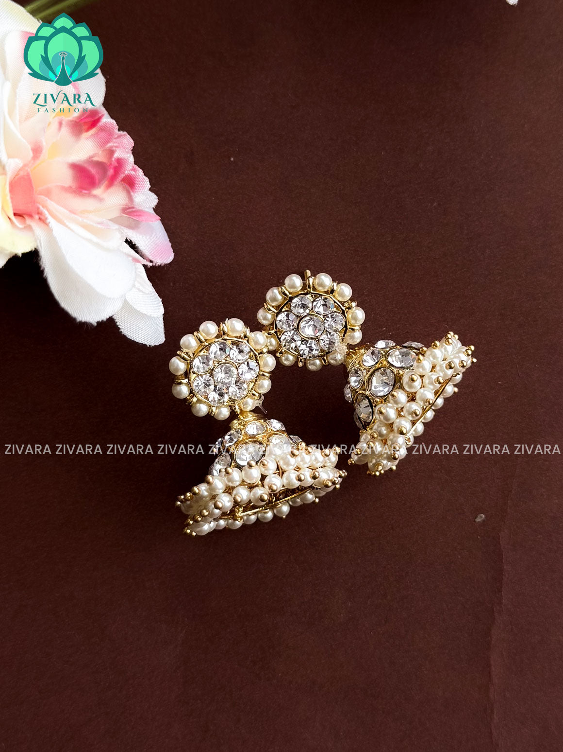 MATHANGI- JHUMKA- WHITE STONE  BHARATHANATYAM DANCE PREMIUM JEWELLERY (PREORDER WITH 3 TO 10 DAYS DISPATCH TIME)