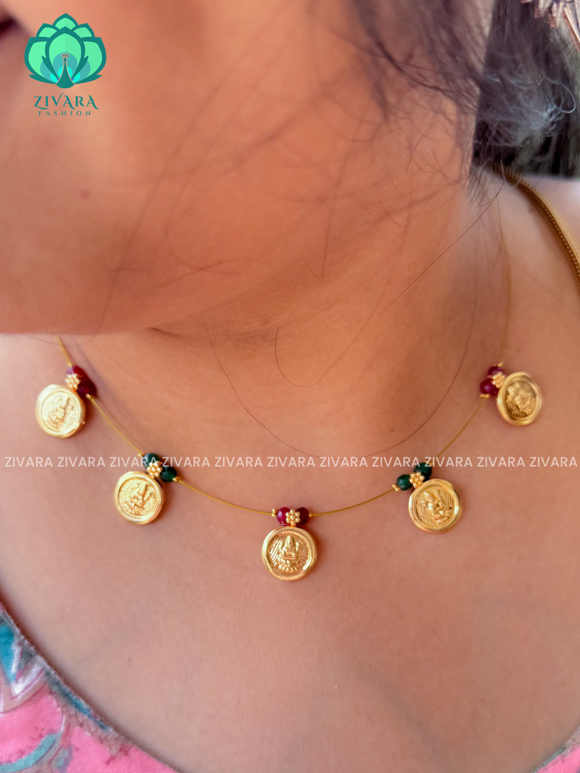 RED AND GREEN BEADS COIN TAMARA INVISIBLE MINIMAL ELEGANT HANDMADE NECKLACE WITH BRILLIANT FINISH MOTIFS- ZIVARA FASHION