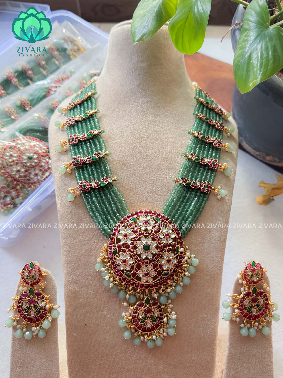 Pastel Green beads Rani haaram long neckwear with earrings- normal Matte Finish- Zivara Fashion