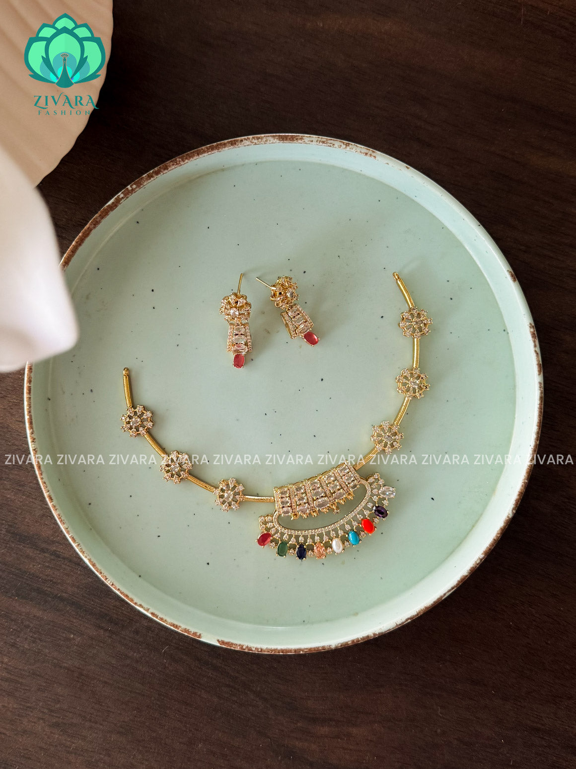 Multicolour AD Hasli - Traditional south indian premium neckwear with earrings- Zivara Fashion- latest jewellery design