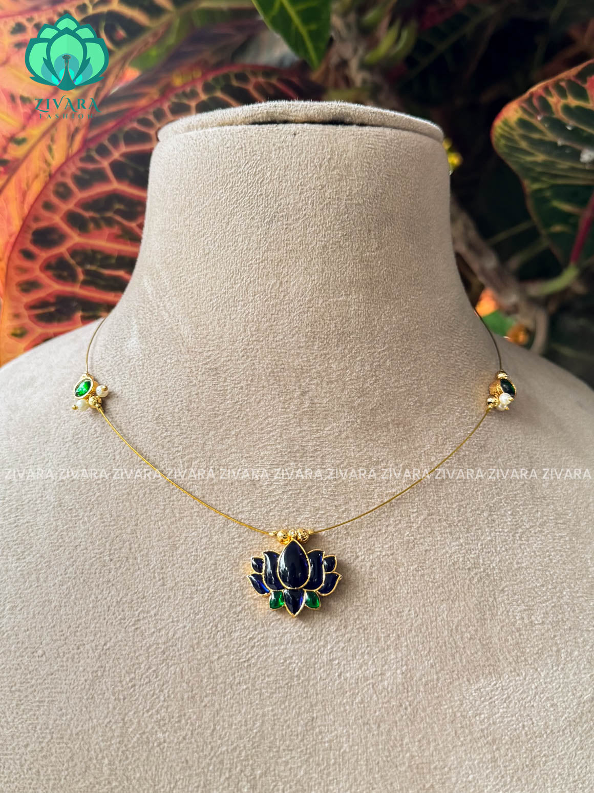 BLUE AND GREEN LOTUS TAMARA INVISIBLE MINIMAL ELEGANT HANDMADE NECKLACE WITH BRILLIANT FINISH MOTIFS- ZIVARA FASHION