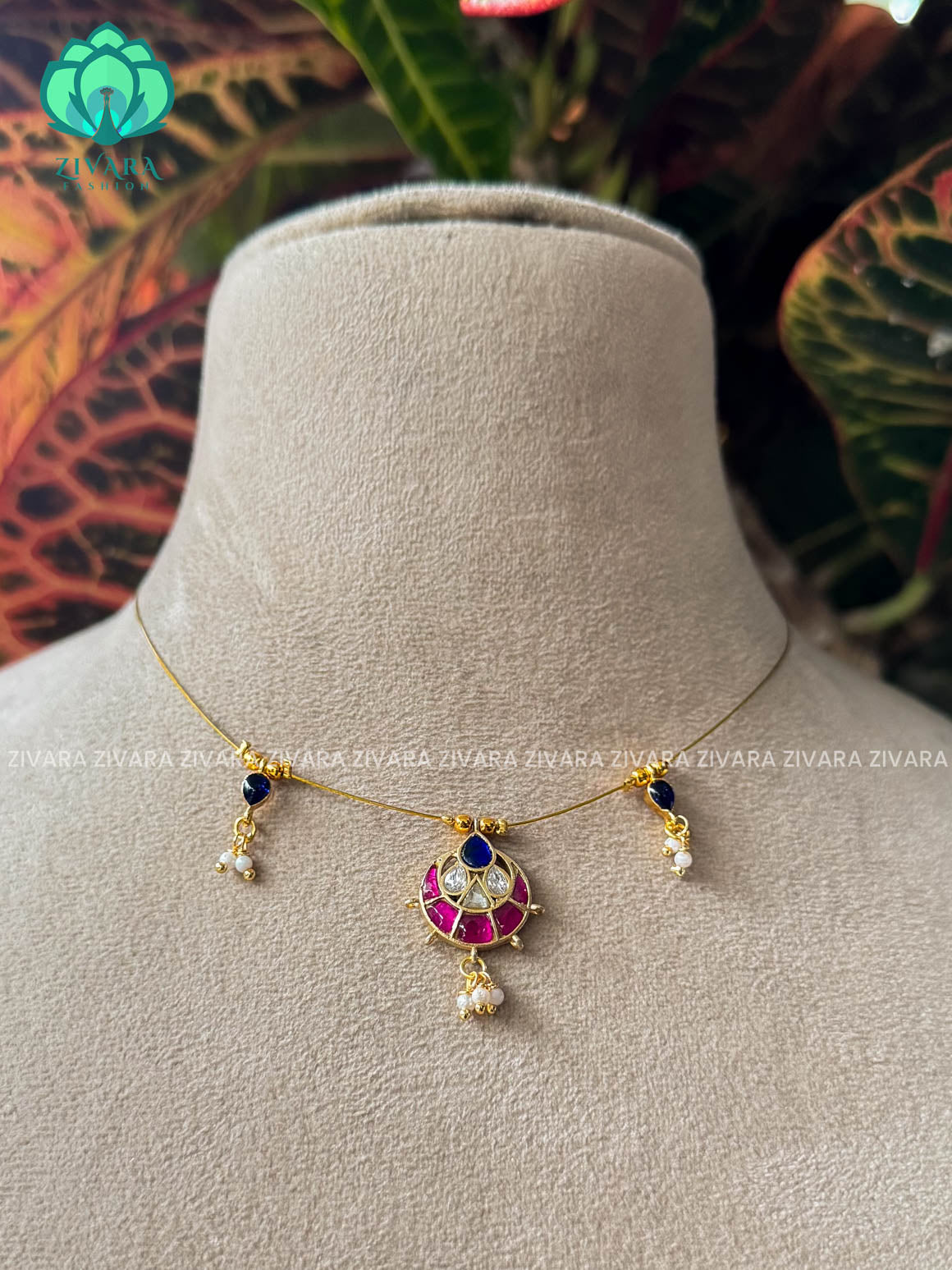 BLUE AND PINK JADAU TAMARA INVISIBLE MINIMAL ELEGANT HANDMADE NECKLACE WITH BRILLIANT FINISH MOTIFS- ZIVARA FASHION