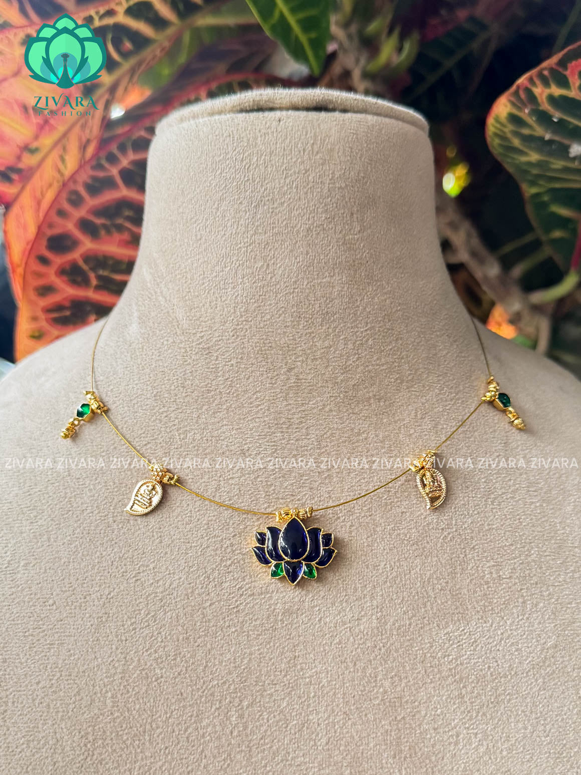 BLUE AND GREEN LOTUS AND MANGO  TAMARA INVISIBLE MINIMAL ELEGANT HANDMADE NECKLACE WITH BRILLIANT FINISH MOTIFS- ZIVARA FASHION