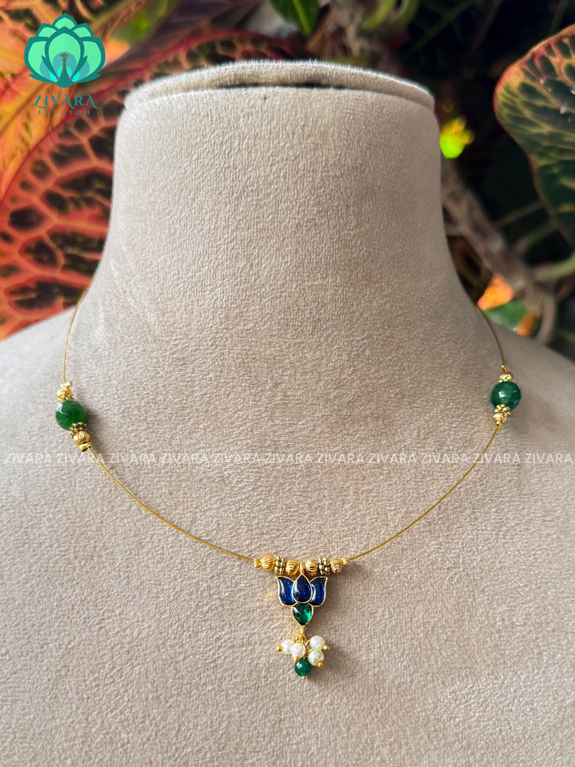 BLUE AND GREEN LOTUS TAMARA INVISIBLE MINIMAL ELEGANT HANDMADE NECKLACE WITH BRILLIANT FINISH MOTIFS- ZIVARA FASHION