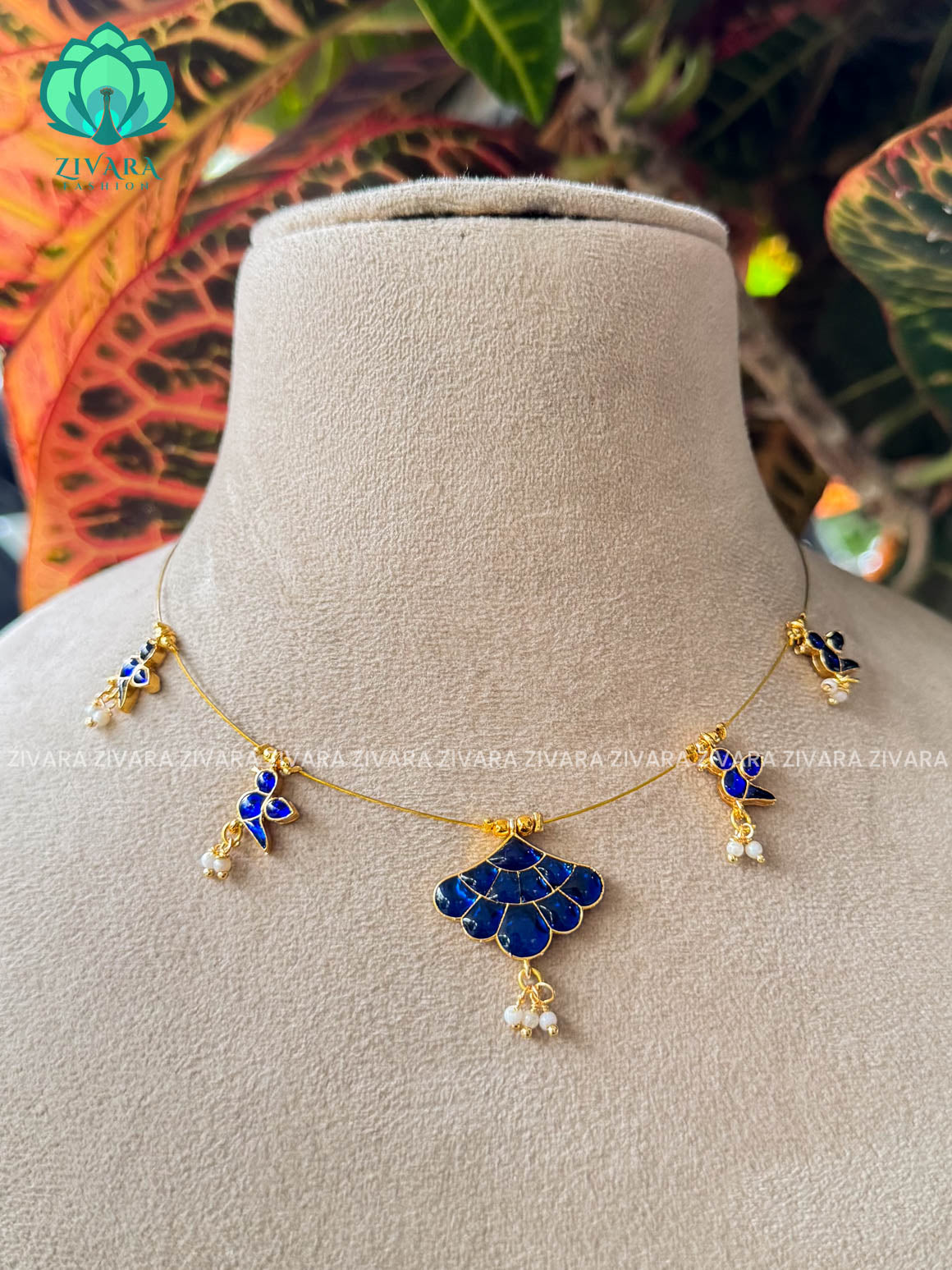 BLUE FAN AND BIRD TAMARA INVISIBLE MINIMAL ELEGANT HANDMADE NECKLACE WITH BRILLIANT FINISH MOTIFS- ZIVARA FASHION