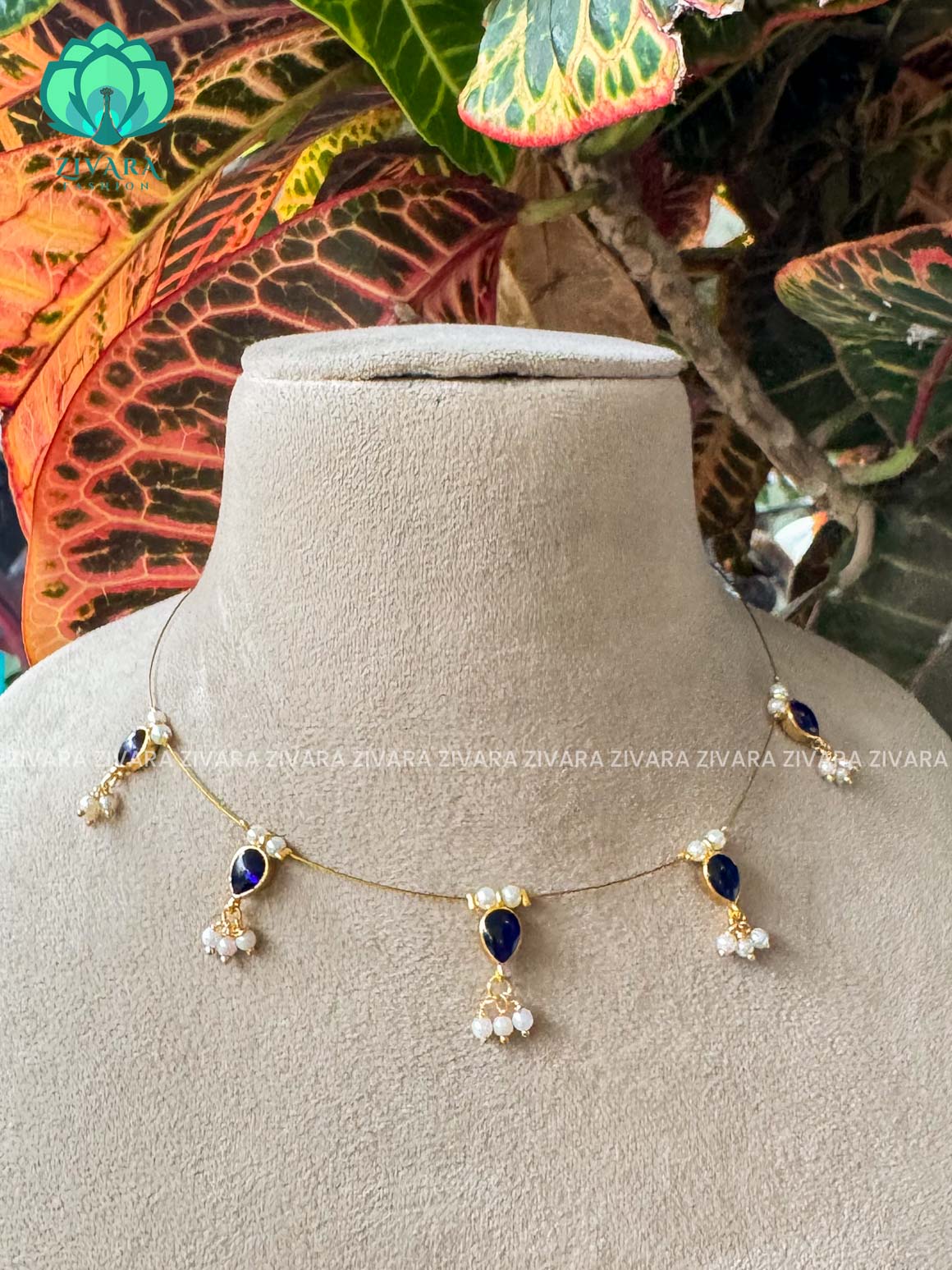 BLUE TEAR DROP TAMARA INVISIBLE MINIMAL ELEGANT HANDMADE NECKLACE WITH BRILLIANT FINISH MOTIFS- ZIVARA FASHION