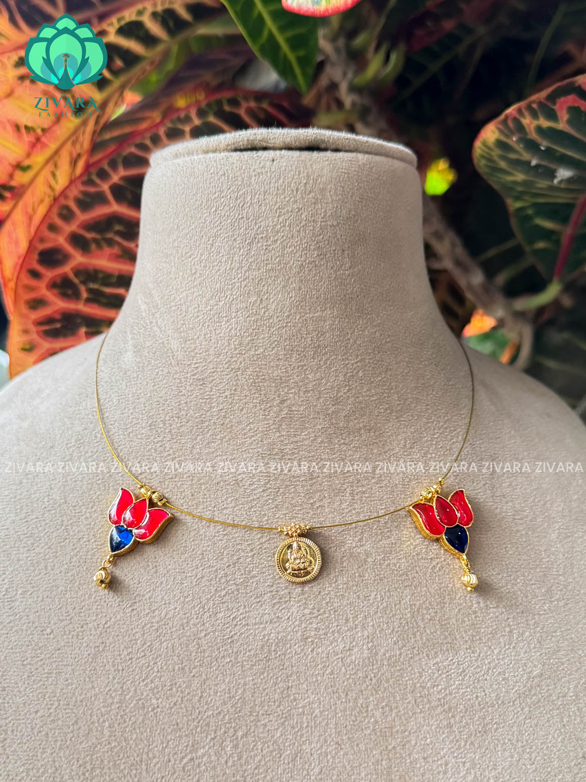 PINK AND BLUE LOTUS COIN TAMARA INVISIBLE MINIMAL ELEGANT HANDMADE NECKLACE WITH BRILLIANT FINISH MOTIFS- ZIVARA FASHION