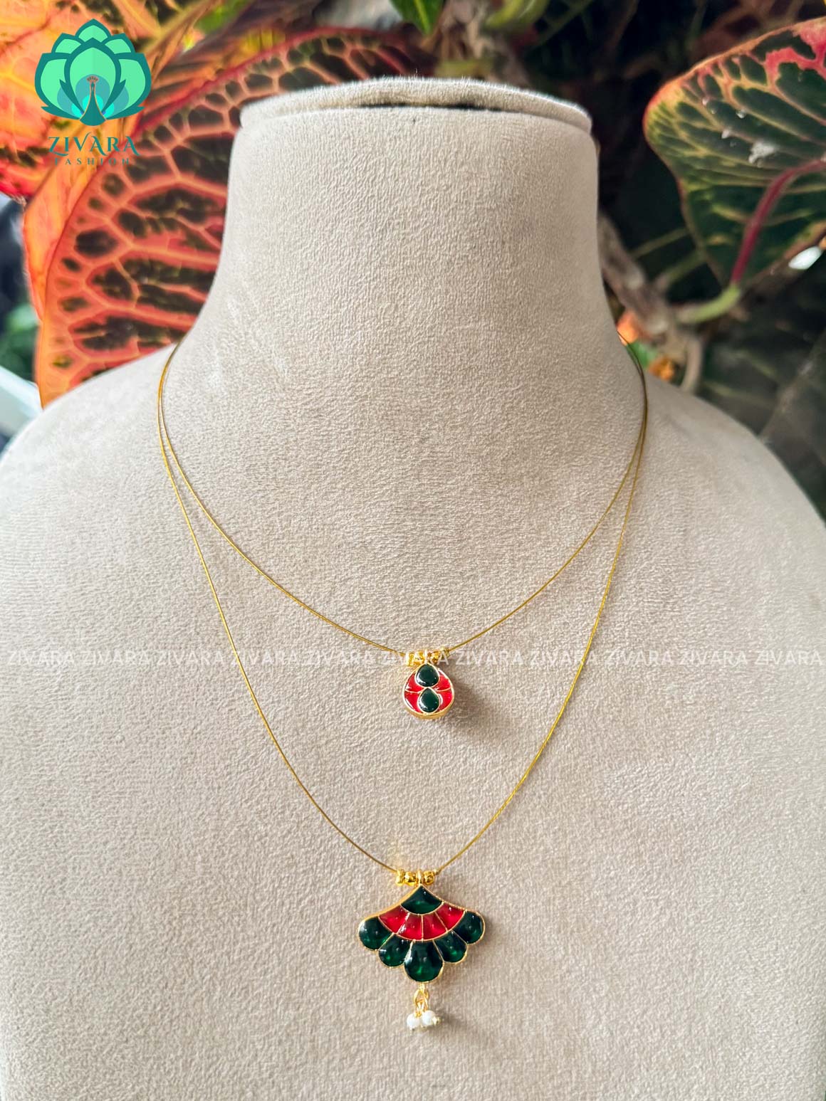 PINK  AND GREEN FAN STEP  TAMARA INVISIBLE MINIMAL ELEGANT HANDMADE NECKLACE WITH BRILLIANT FINISH MOTIFS- ZIVARA FASHION