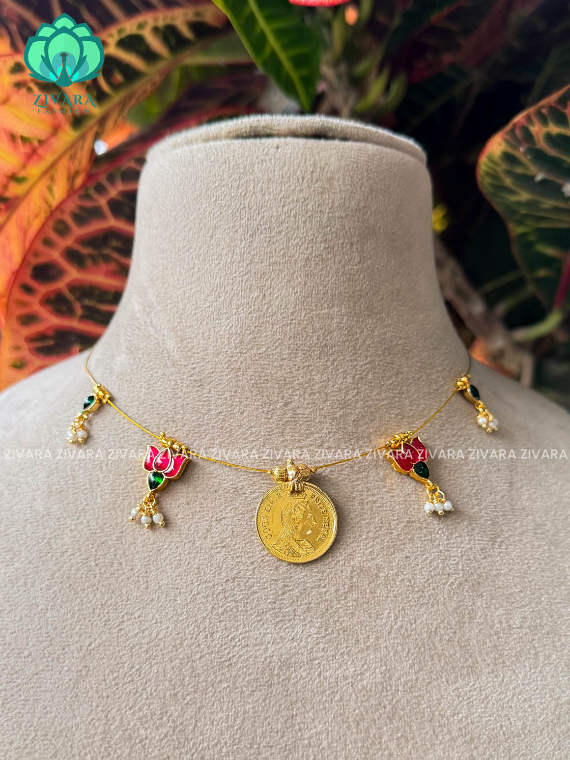 PINK AND GREEN LOTUS NON IDOL COIN TAMARA INVISIBLE MINIMAL ELEGANT HANDMADE NECKLACE WITH BRILLIANT FINISH MOTIFS- ZIVARA FASHION