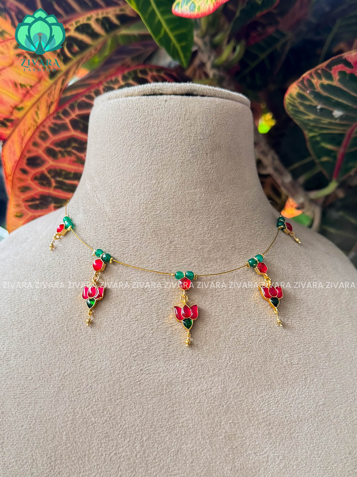 PINK AND GREEN LOTUS TAMARA INVISIBLE MINIMAL ELEGANT HANDMADE NECKLACE WITH BRILLIANT FINISH MOTIFS- ZIVARA FASHION