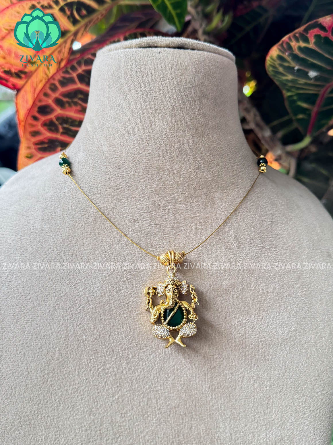 GREEN Tamara GANESHA  INVISIBLE MINIMAL ELEGANT HANDMADE NECKLACE WITH BRILLIANT FINISH MOTIFS- ZIVARA FASHION
