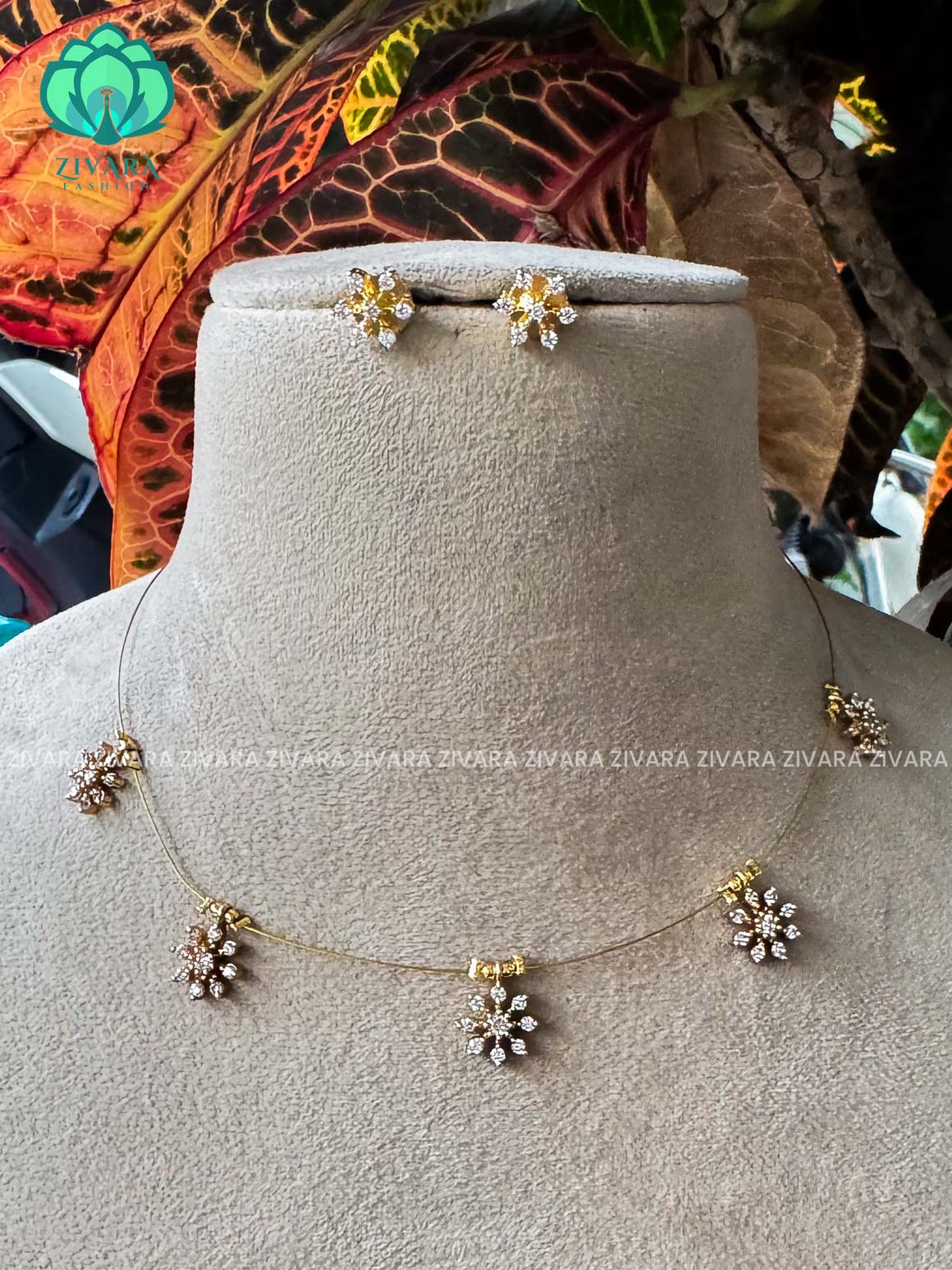 WHITE STONE - snowflake  TAMARA INVISIBLE MINIMAL ELEGANT HANDMADE NECKLACE WITH BRILLIANT FINISH MOTIFS- ZIVARA FASHION