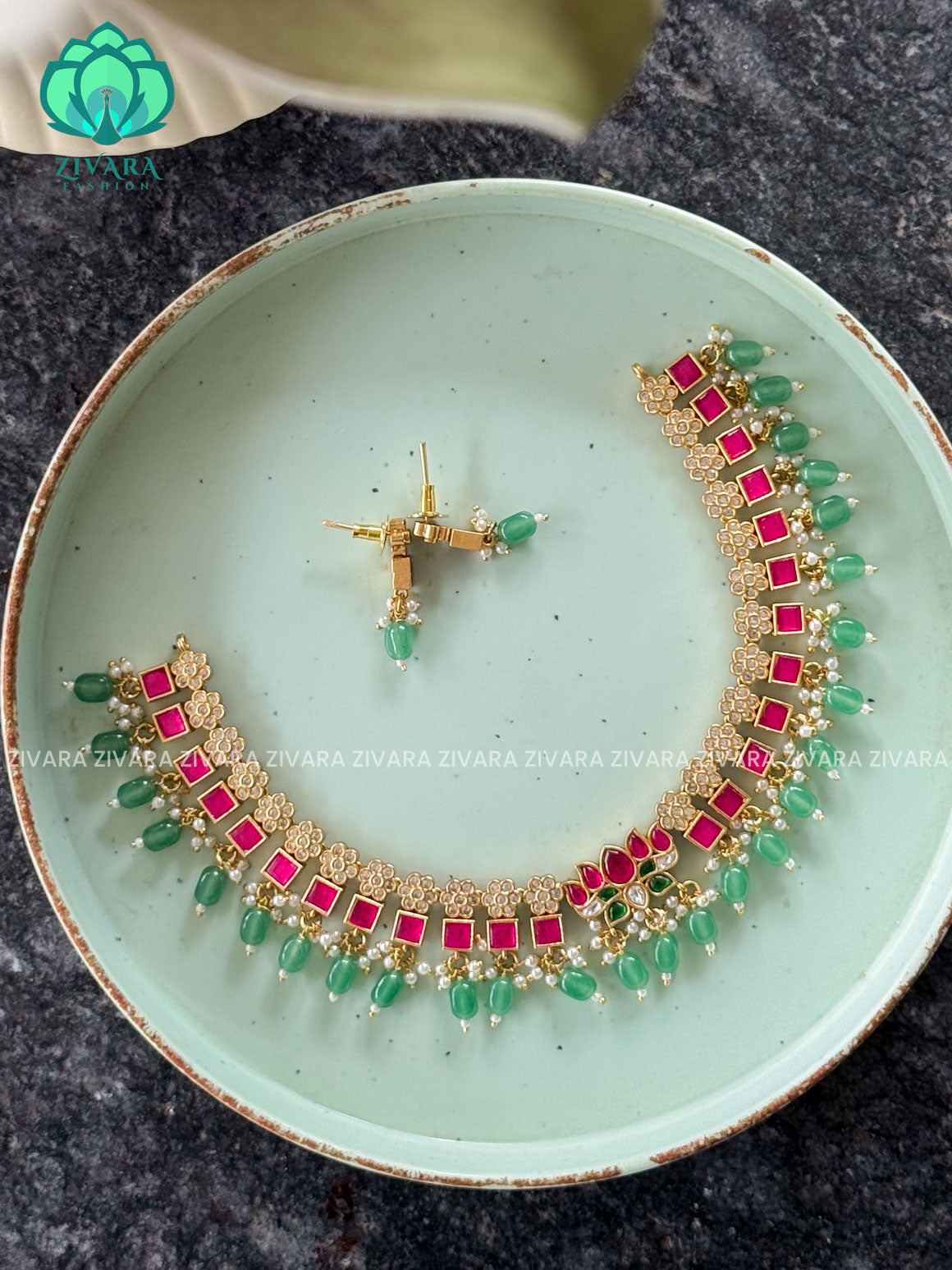 Lotus JADAU -Traditional south indian premium neckwear with studs - Zivara Fashion- latest jewellery design