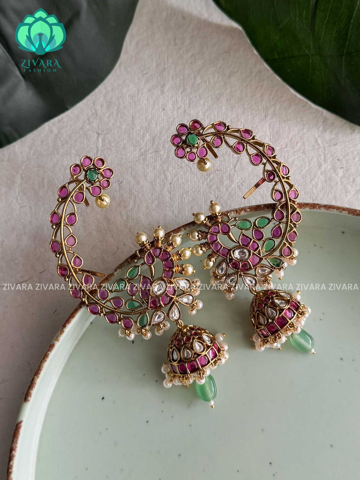RUBY GREEN REAL KEMP PEACOCK EARCUFF JHUMKA - latest jewellery collection- zivara fashion