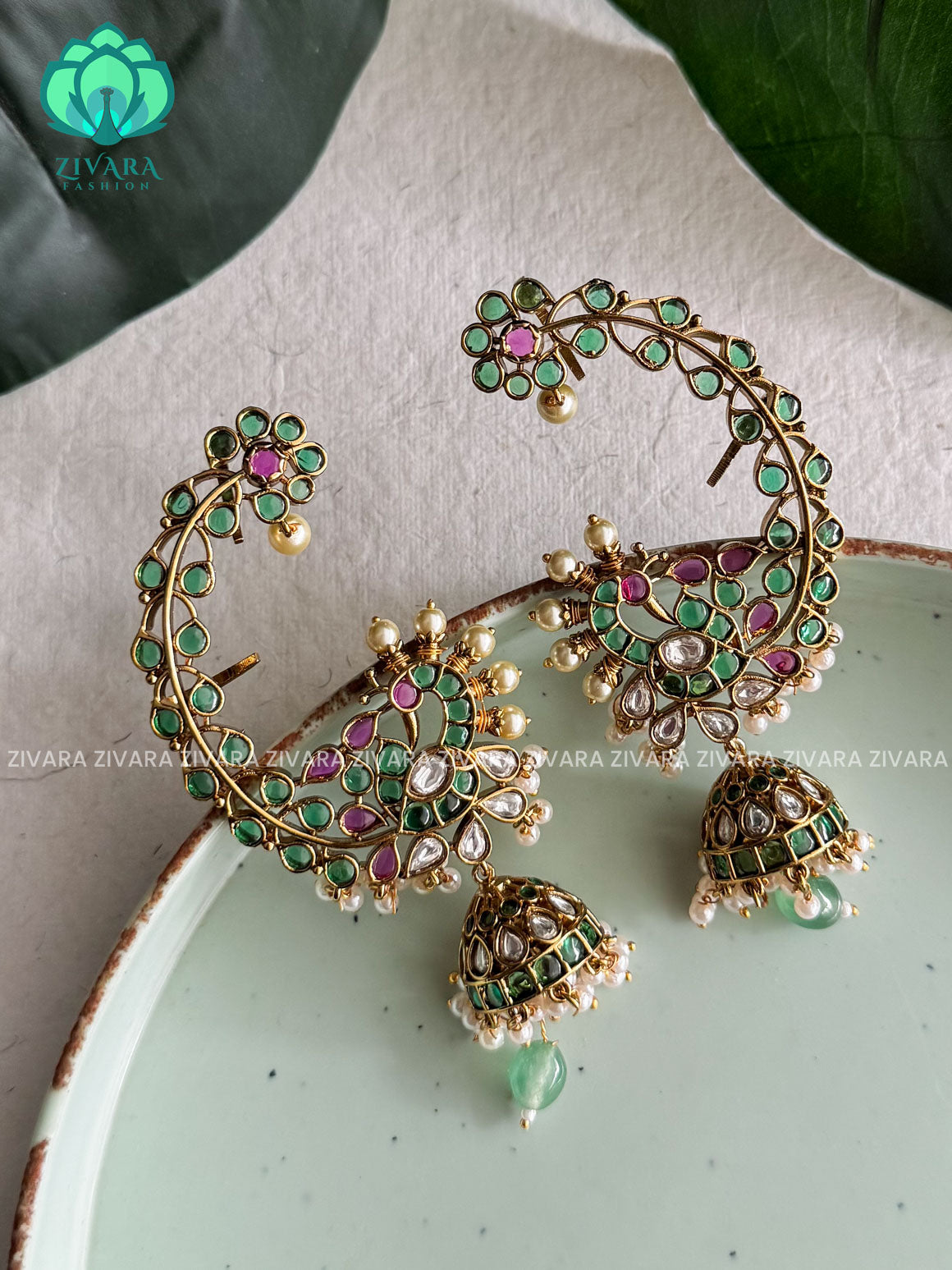GREEN RUBY REAL KEMP PEACOCK EARCUFF JHUMKA - latest jewellery collection- zivara fashion