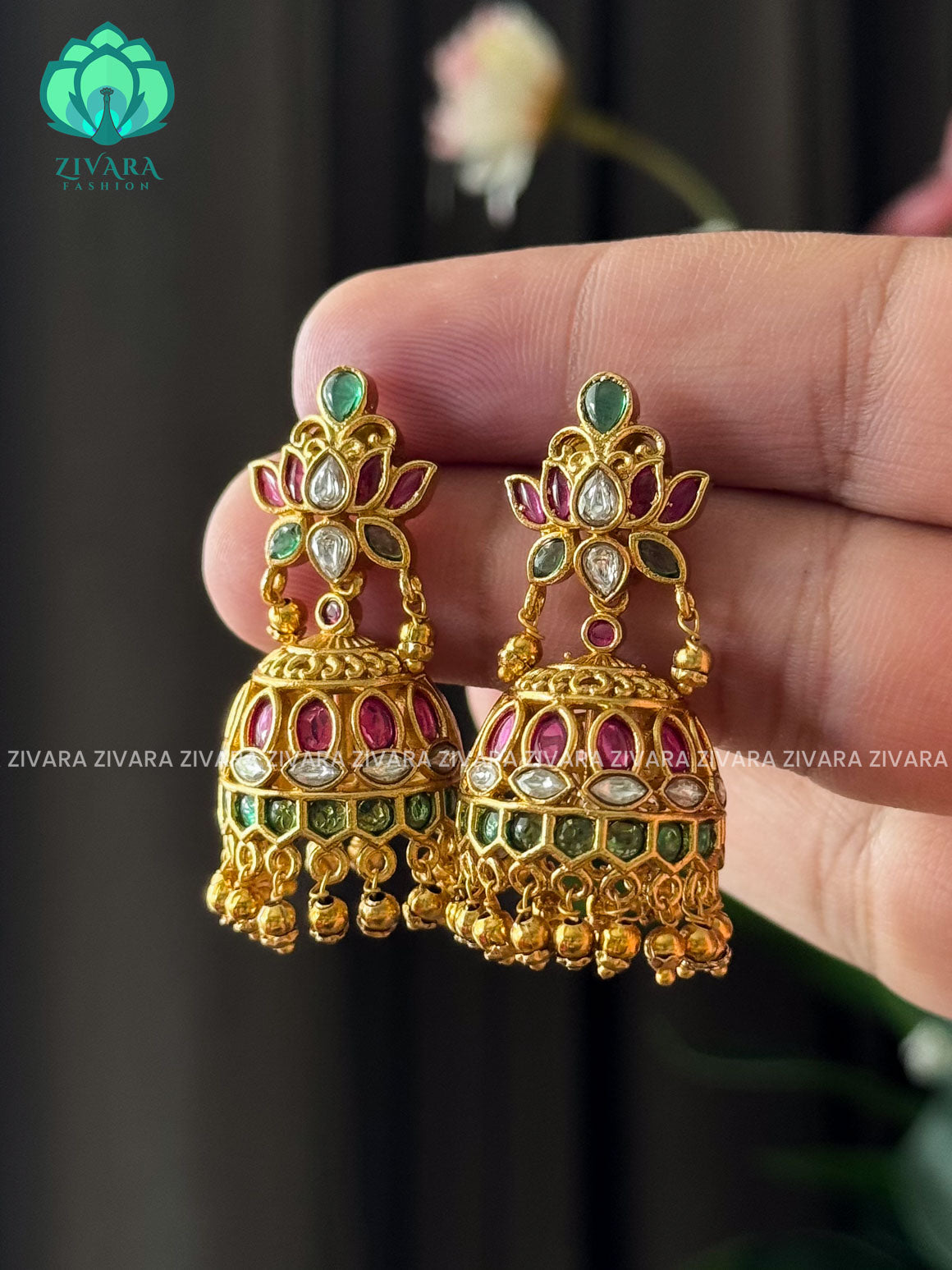 Meena - Latest design Real kemp lotus jhumka - Ruby Green White - TRADITIONAL PREMIUM MATTE polish JHUMKA- latest jewellery collection- zivara fashion