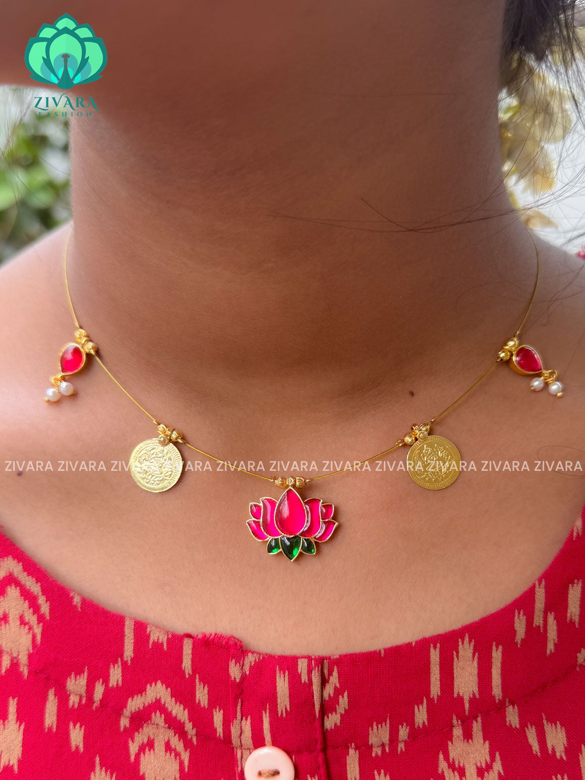 PINK AND GREEN  - TAMARA-LOTUS   and coin  INVISIBLE MINIMAL ELEGANT HANDMADE NECKLACE WITH BRILLIANT FINISH MOTIFS- ZIVARA FASHION