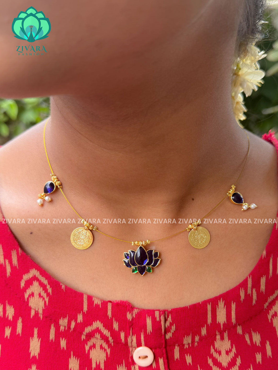 BLUE AND GREEN  - TAMARA-LOTUS   and coin  INVISIBLE MINIMAL ELEGANT HANDMADE NECKLACE WITH BRILLIANT FINISH MOTIFS- ZIVARA FASHION