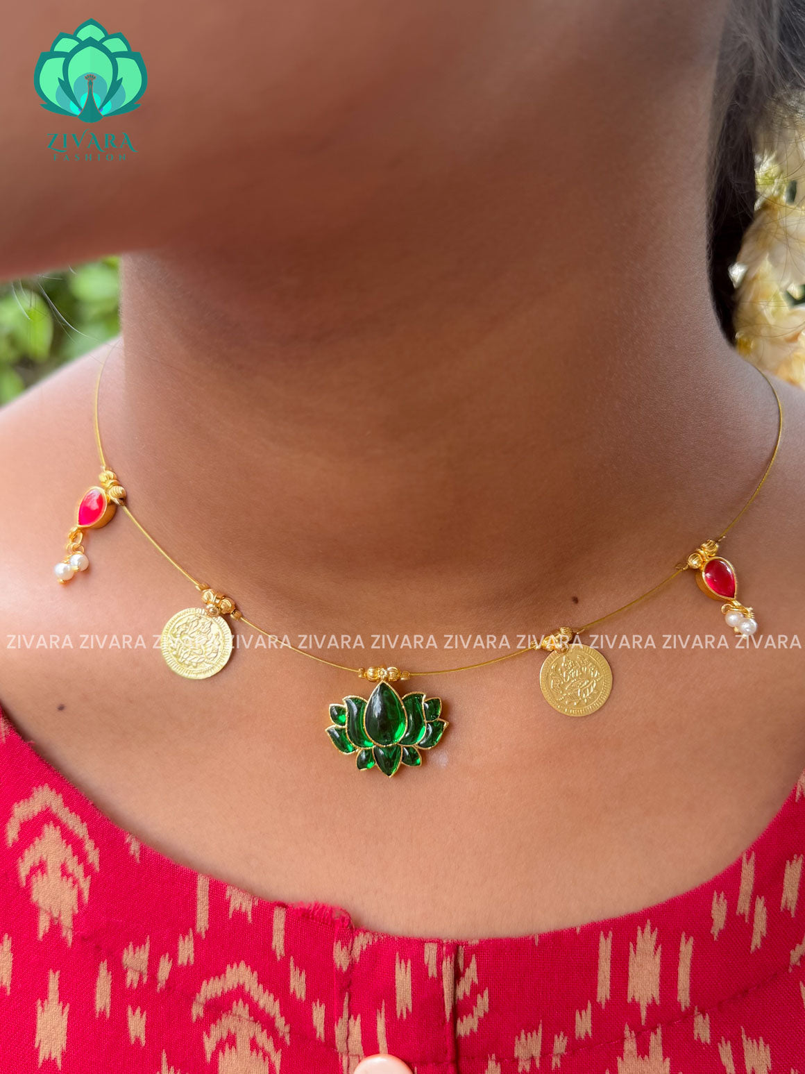 GREEN AND PINK  - TAMARA-LOTUS   and coin  INVISIBLE MINIMAL ELEGANT HANDMADE NECKLACE WITH BRILLIANT FINISH MOTIFS- ZIVARA FASHION