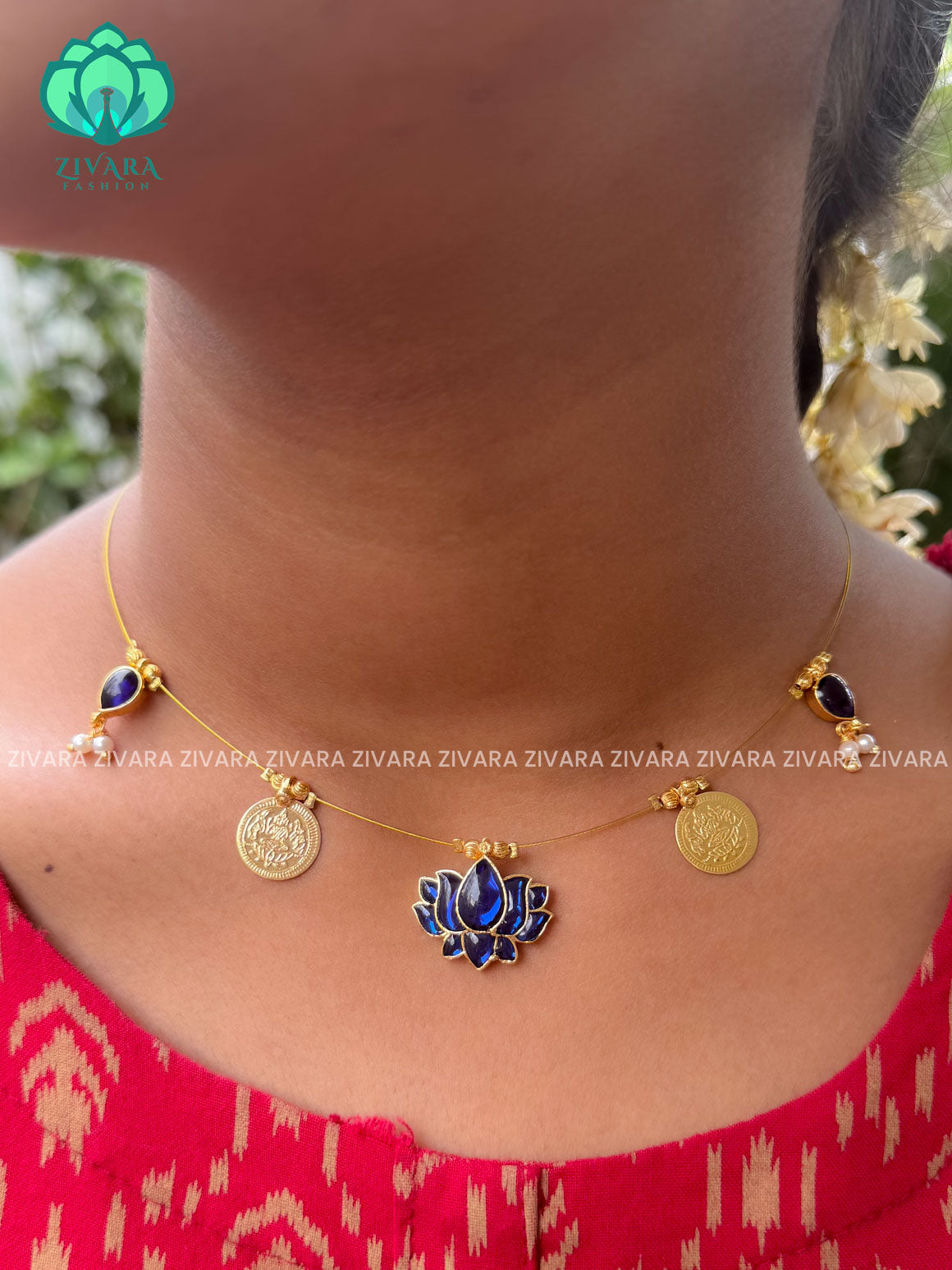 BLUE  - TAMARA-LOTUS   and coin  INVISIBLE MINIMAL ELEGANT HANDMADE NECKLACE WITH BRILLIANT FINISH MOTIFS- ZIVARA FASHION