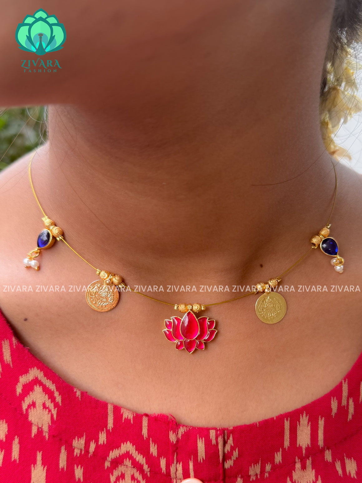 BLUE AND PINK  - TAMARA-LOTUS   and coin  INVISIBLE MINIMAL ELEGANT HANDMADE NECKLACE WITH BRILLIANT FINISH MOTIFS- ZIVARA FASHION