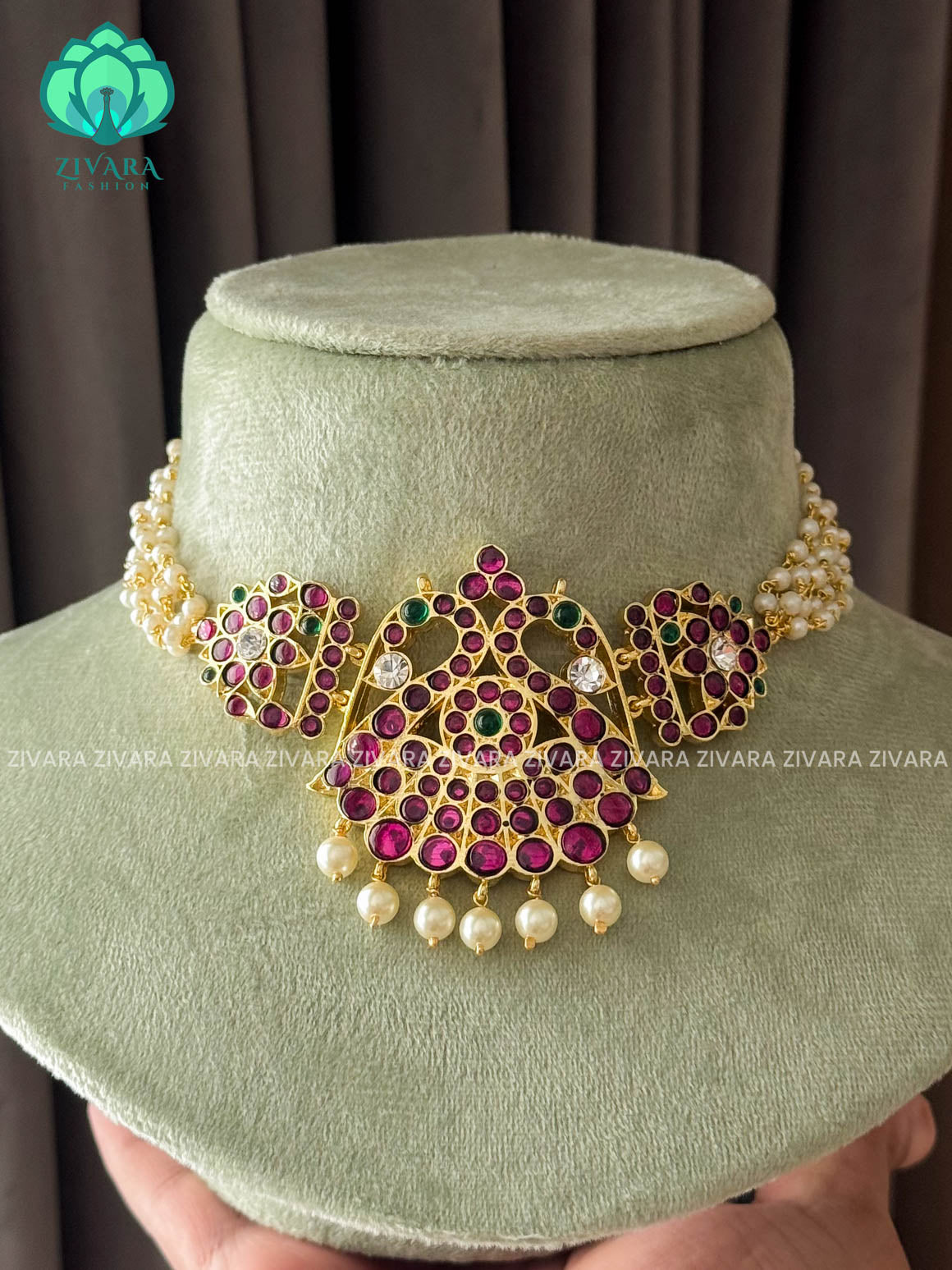 MATHANGI - CHOKER WITH PEARLS - REAL KEMP BHARATHANATYAM DANCE PREMIUM JEWELLERY (PREORDER WITH 3 TO 10 DAYS DISPATCH TIME)