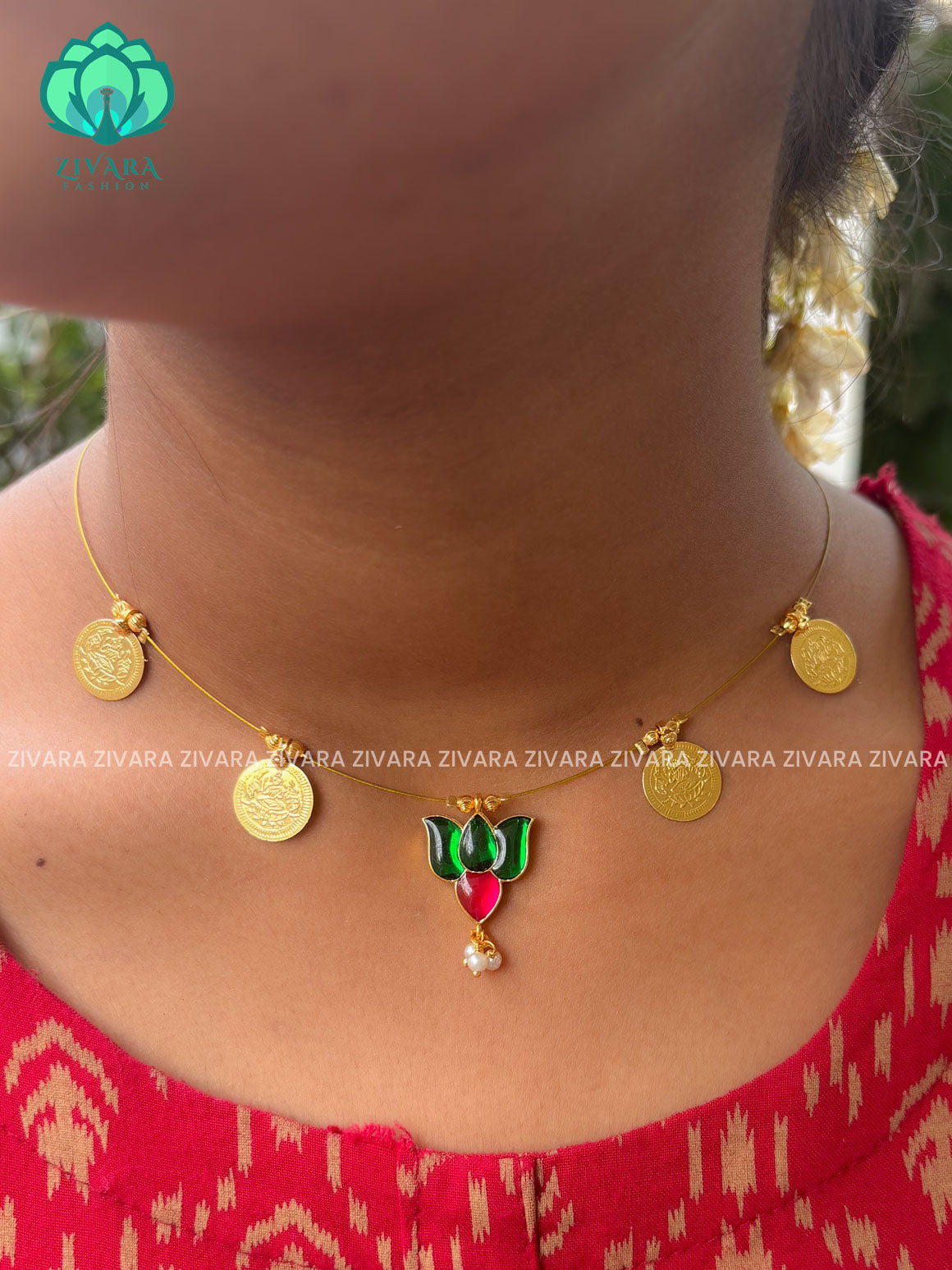GREEN AND PINK - TAMARA-LOTUS   and coin  INVISIBLE MINIMAL ELEGANT HANDMADE NECKLACE WITH BRILLIANT FINISH MOTIFS- ZIVARA FASHION
