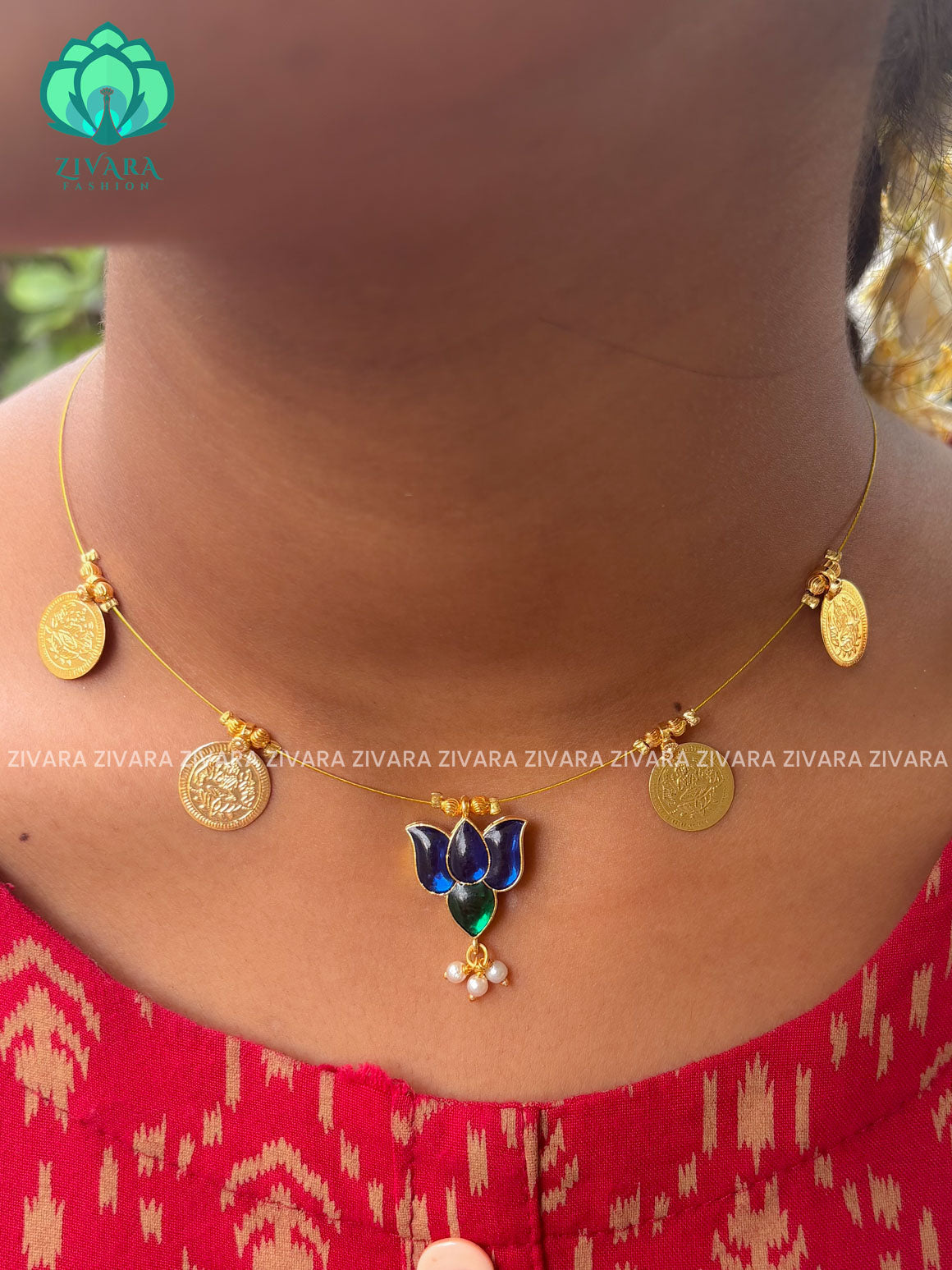 BLUE AND GREEN  - TAMARA-LOTUS   and coin  INVISIBLE MINIMAL ELEGANT HANDMADE NECKLACE WITH BRILLIANT FINISH MOTIFS- ZIVARA FASHION