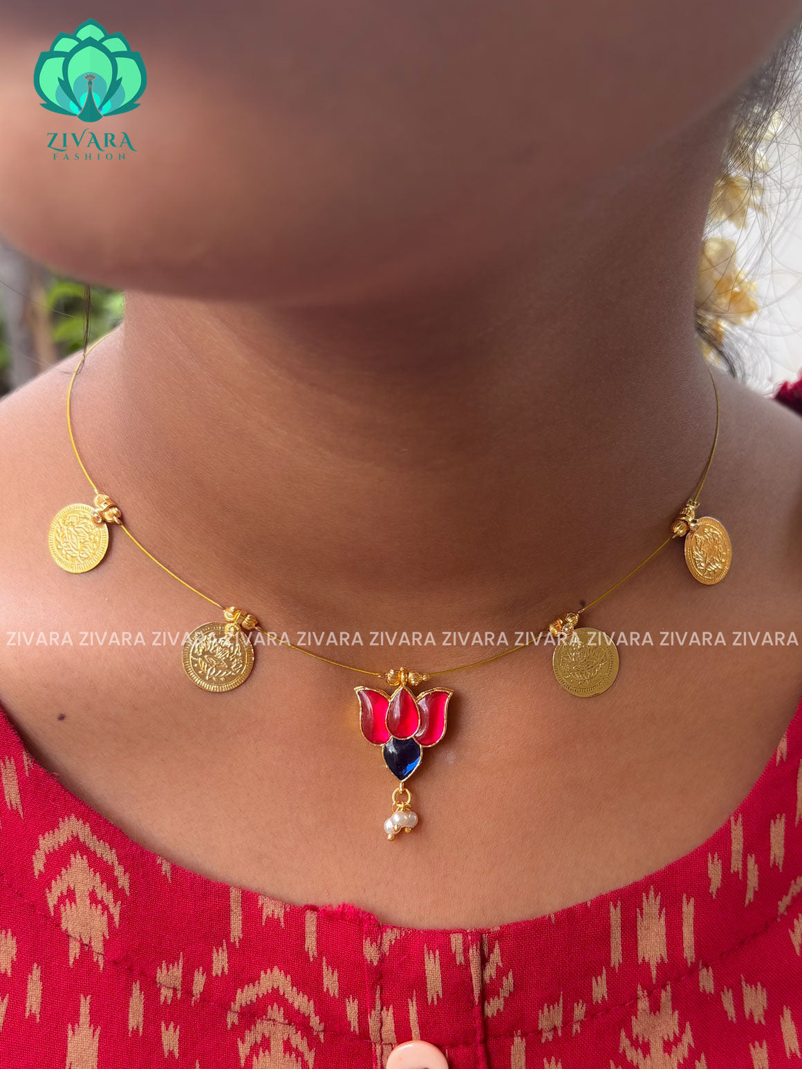 BLUE AND PINK  - TAMARA-LOTUS   and coin  INVISIBLE MINIMAL ELEGANT HANDMADE NECKLACE WITH BRILLIANT FINISH MOTIFS- ZIVARA FASHION