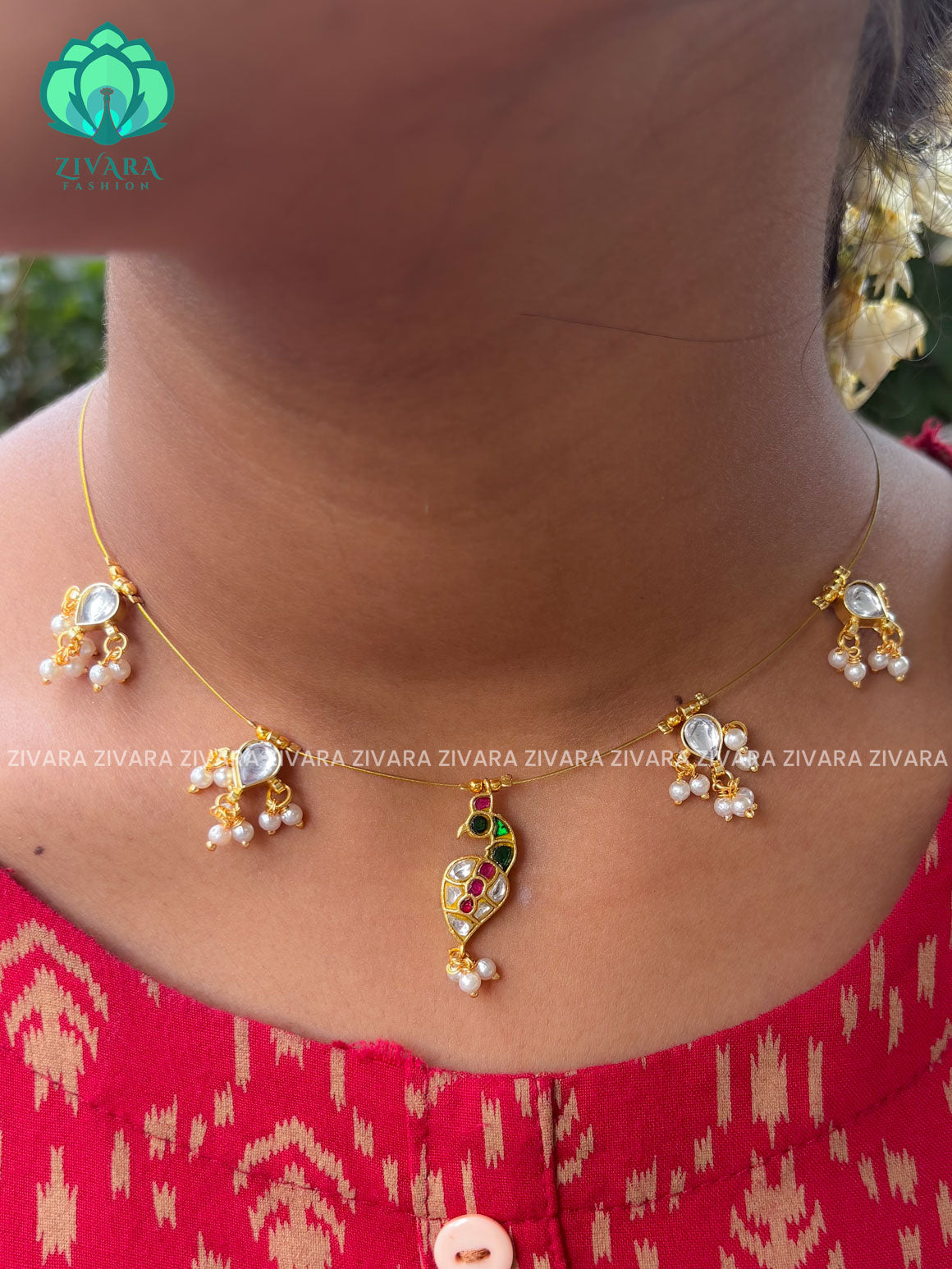PEACOCK jadau  TAMARA INVISIBLE MINIMAL ELEGANT HANDMADE NECKLACE WITH BRILLIANT FINISH MOTIFS- ZIVARA FASHION