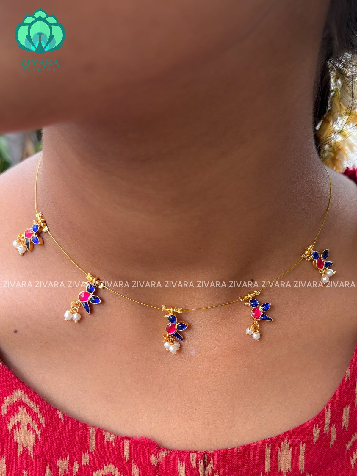 BLUE AND PINK PARROT -TAMARA INVISIBLE MINIMAL ELEGANT HANDMADE NECKLACE WITH BRILLIANT FINISH MOTIFS- ZIVARA FASHION