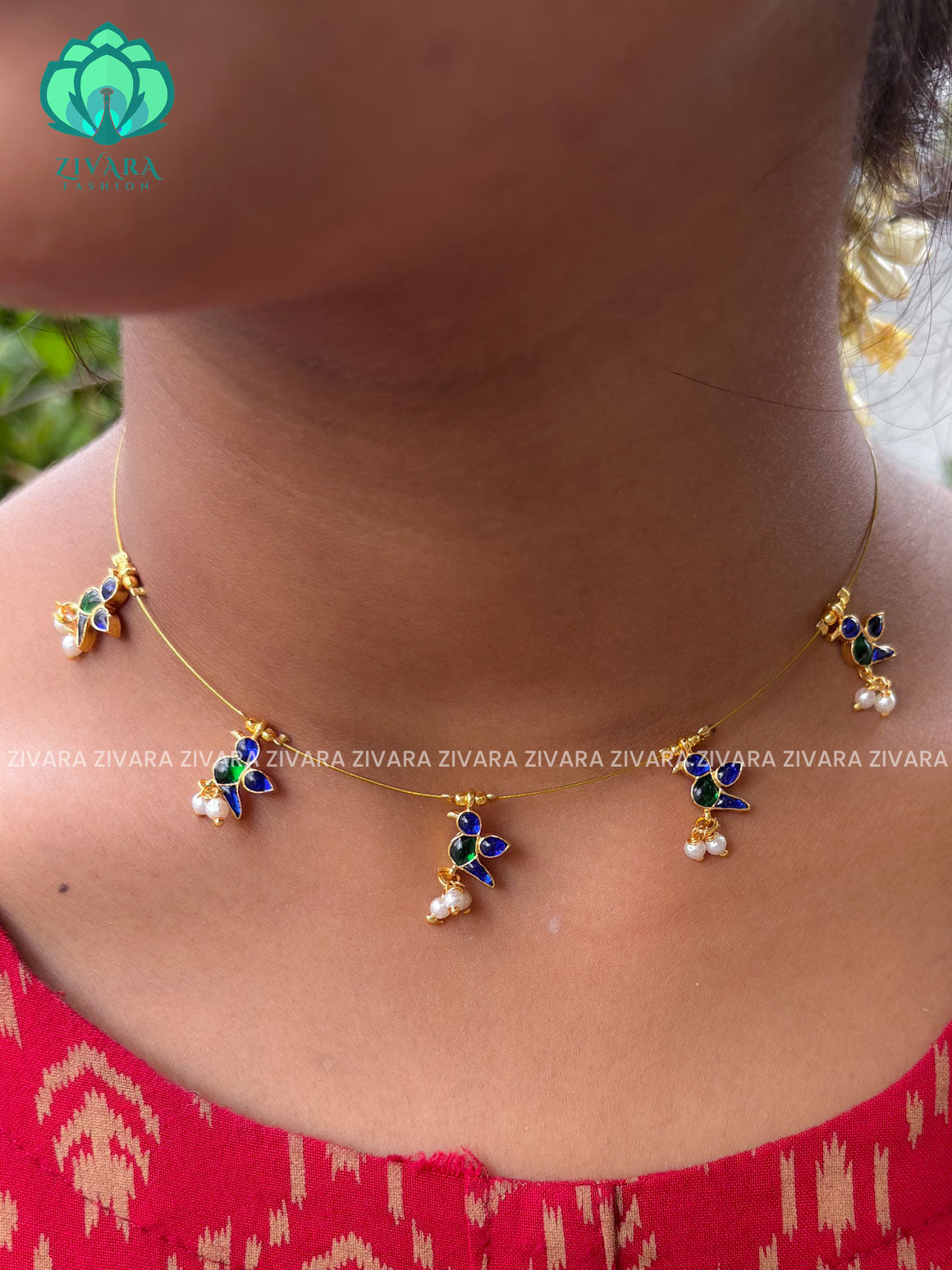 BLUE AND GREEN PARROT  INVISIBLE MINIMAL ELEGANT HANDMADE NECKLACE WITH BRILLIANT FINISH MOTIFS- ZIVARA FASHION