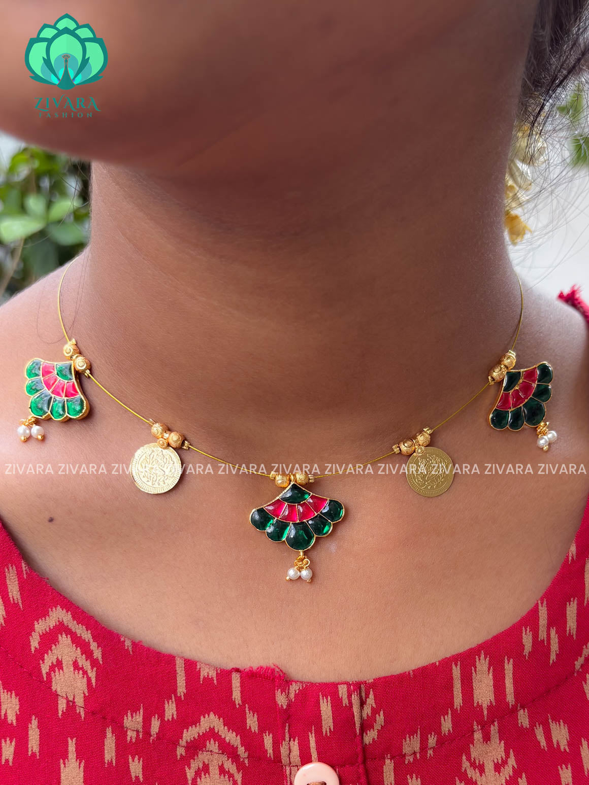 PINK AND GREEN - TAMARA-fan  and coin  INVISIBLE MINIMAL ELEGANT HANDMADE NECKLACE WITH BRILLIANT FINISH MOTIFS- ZIVARA FASHION