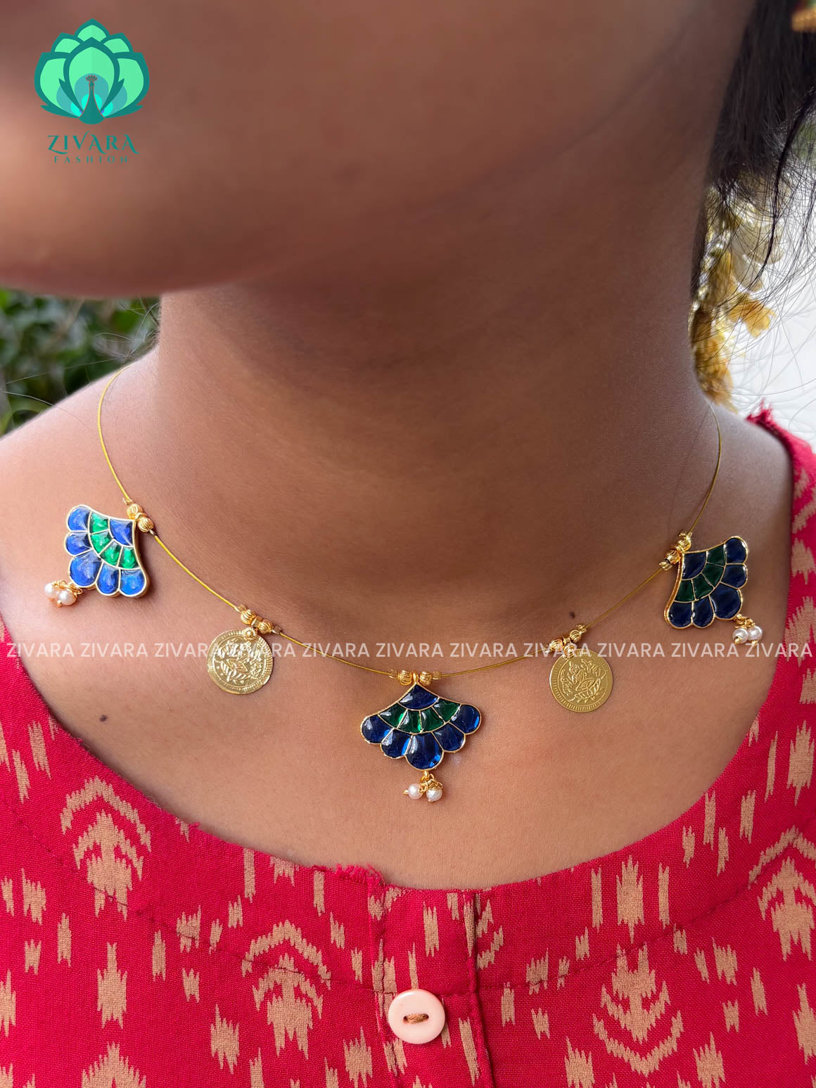 BLUE AND GREEN - TAMARA-fan  and coin  INVISIBLE MINIMAL ELEGANT HANDMADE NECKLACE WITH BRILLIANT FINISH MOTIFS- ZIVARA FASHION