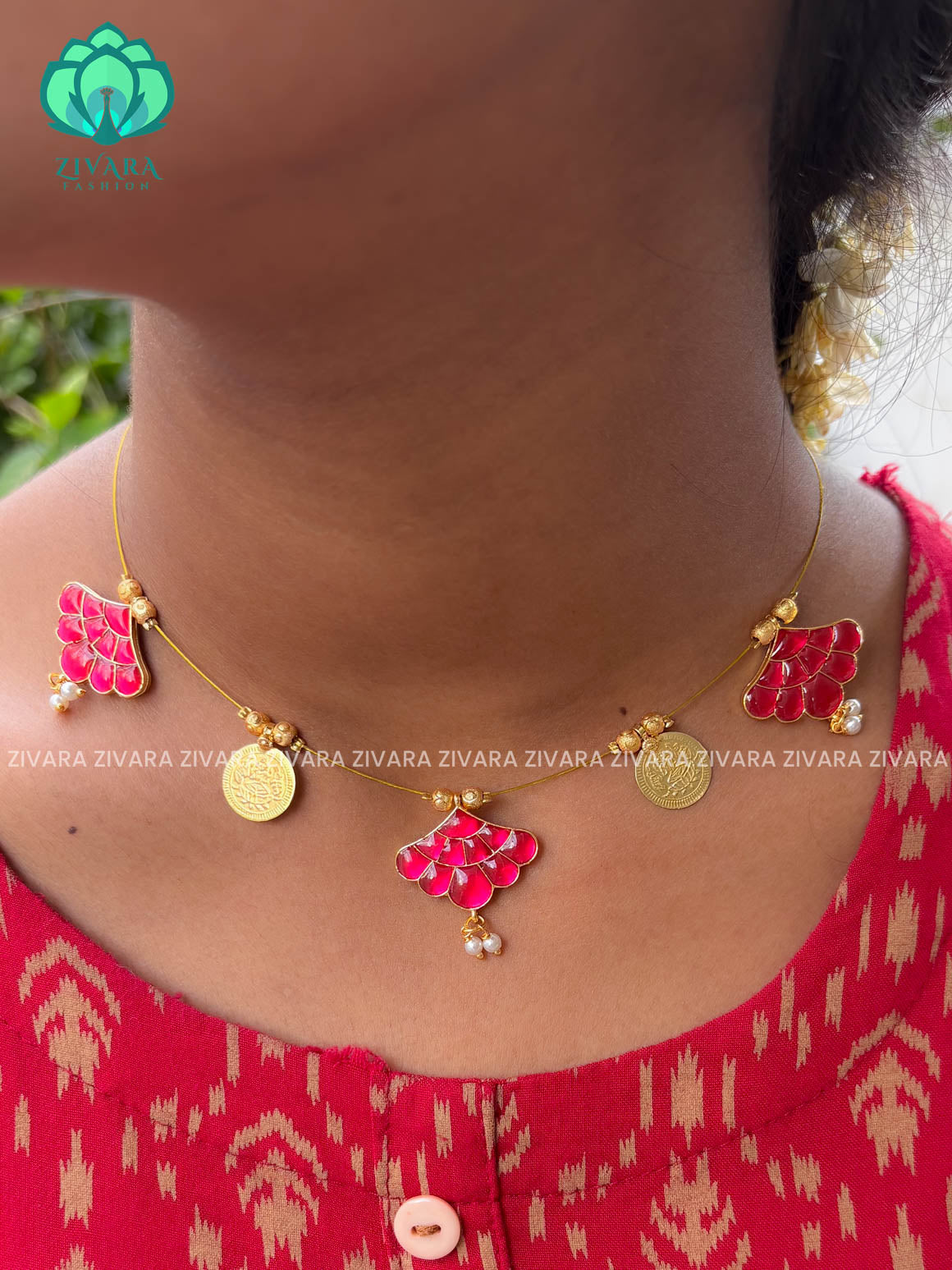 PINK - TAMARA-fan  and coin  INVISIBLE MINIMAL ELEGANT HANDMADE NECKLACE WITH BRILLIANT FINISH MOTIFS- ZIVARA FASHION