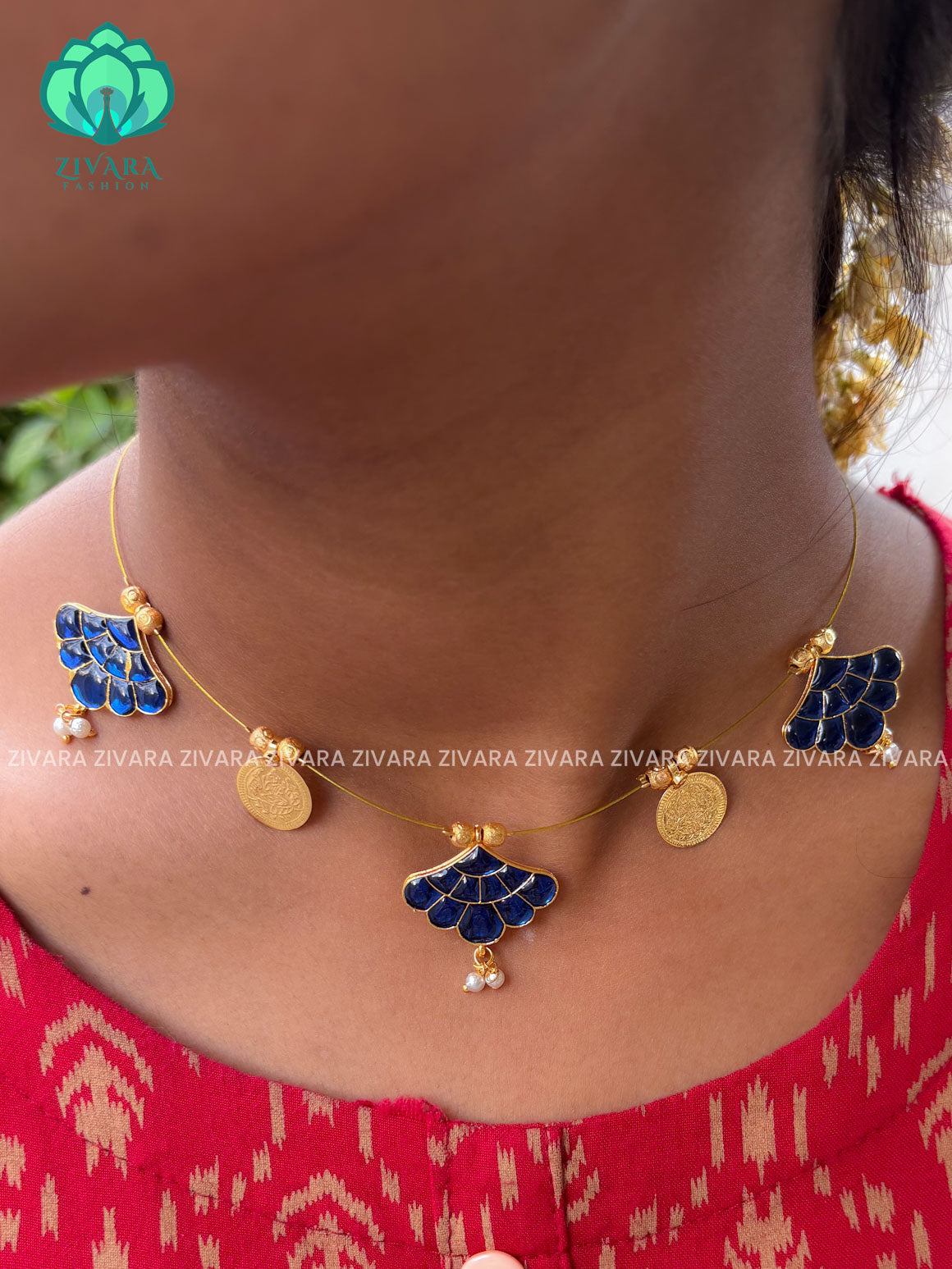 BLUE - TAMARA-fan  and coin  INVISIBLE MINIMAL ELEGANT HANDMADE NECKLACE WITH BRILLIANT FINISH MOTIFS- ZIVARA FASHION