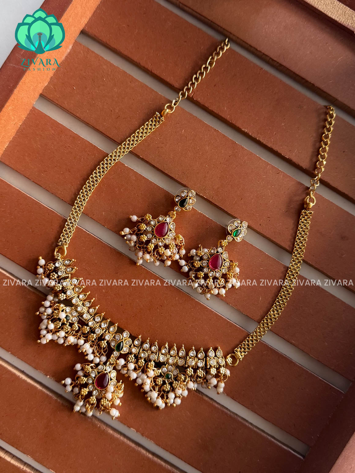 Ruby and green - Trending  guttapusalu choker with earrings-latest south indian jewellery