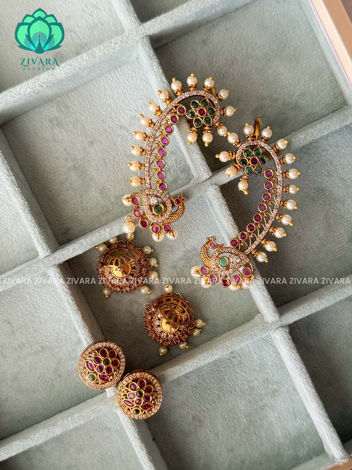 4 IN 1 GREEN RUBY REAL KEMP PEACOCK EARCUFF JHUMKA - latest jewellery collection- zivara fashion