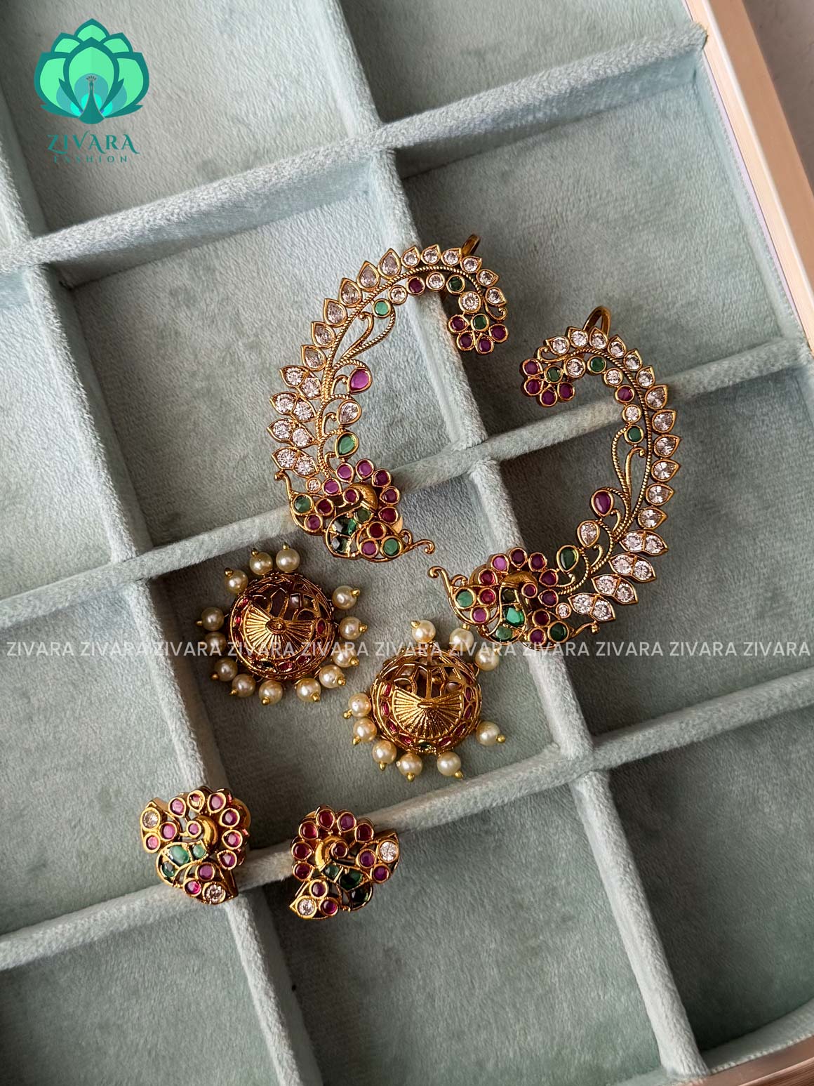 4 IN 1 GREEN RUBY REAL KEMP PEACOCK EARCUFF JHUMKA - latest jewellery collection- zivara fashion