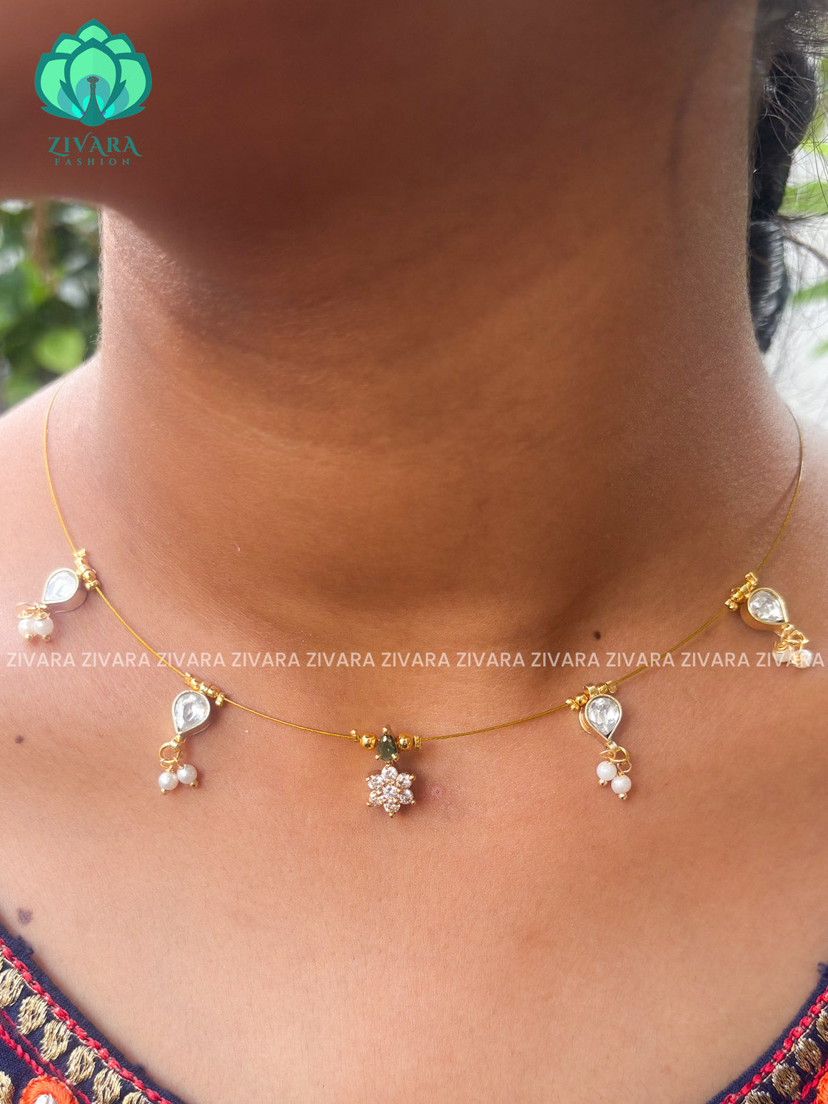 GREEN- Star and tear  -TAMARA INVISIBLE MINIMAL ELEGANT HANDMADE NECKLACE WITH BRILLIANT FINISH MOTIFS- ZIVARA FASHION