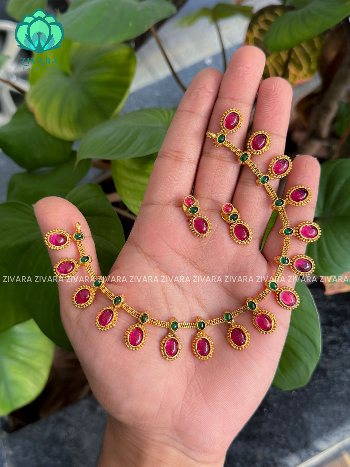 RUBY AND GREEN-OVAL MOTIF NORMAL MATTE neckwear with earrings- Zivara Fashion- latest jewellery design