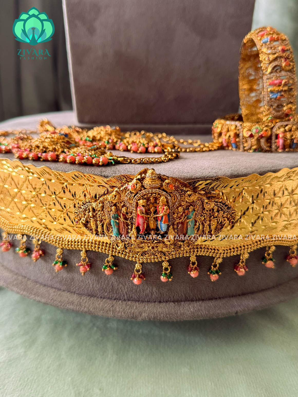 MADHURYA -  GRAND BRIDAL VINTAGE FINISH  MEENAKSHI KALYANAM SET handpainted - Traditional south indian premium neckwear with earrings- Zivara Fashion