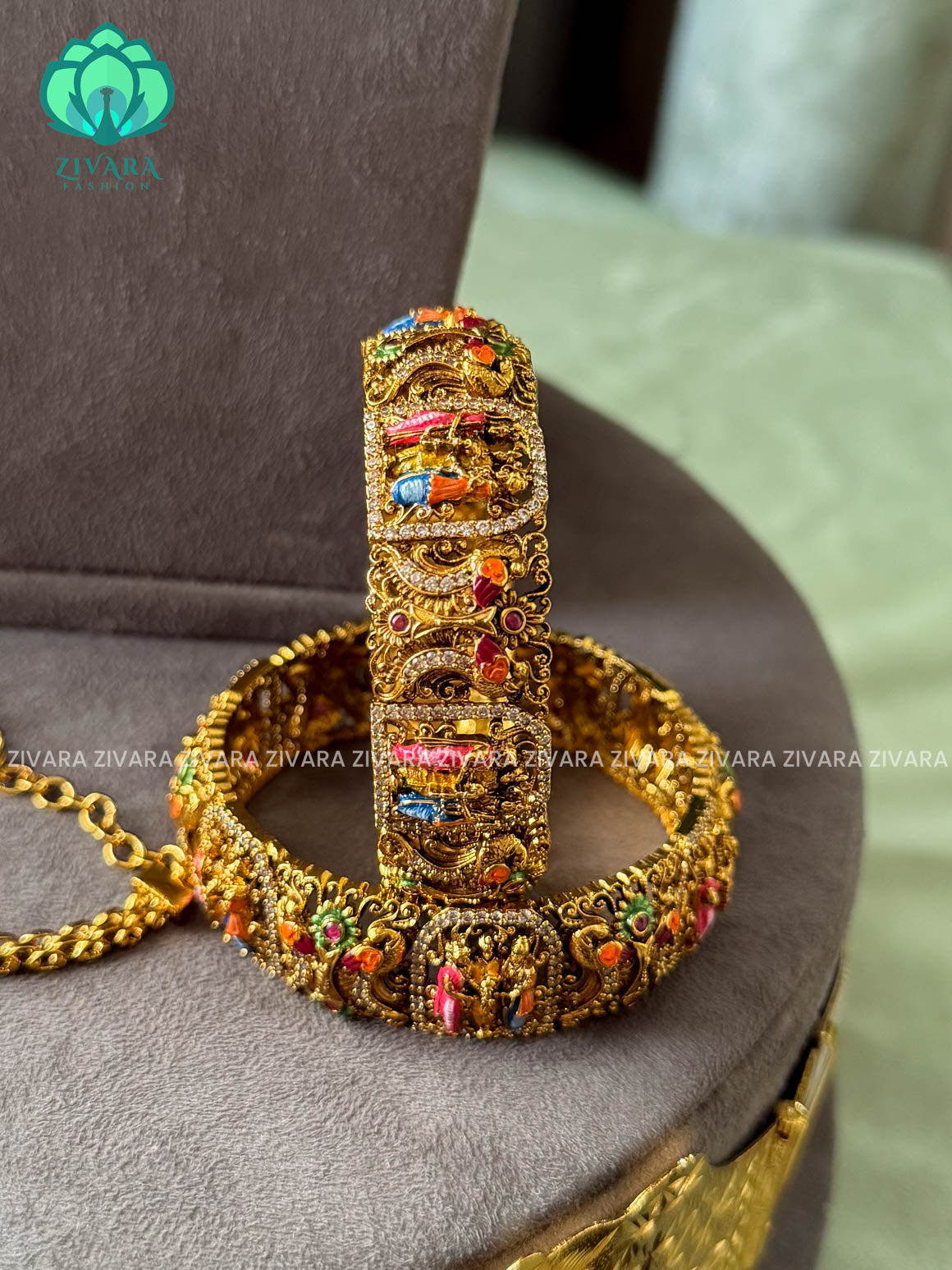 MADHURYA -  GRAND BRIDAL VINTAGE FINISH  MEENAKSHI KALYANAM SET handpainted - Traditional south indian premium neckwear with earrings- Zivara Fashion