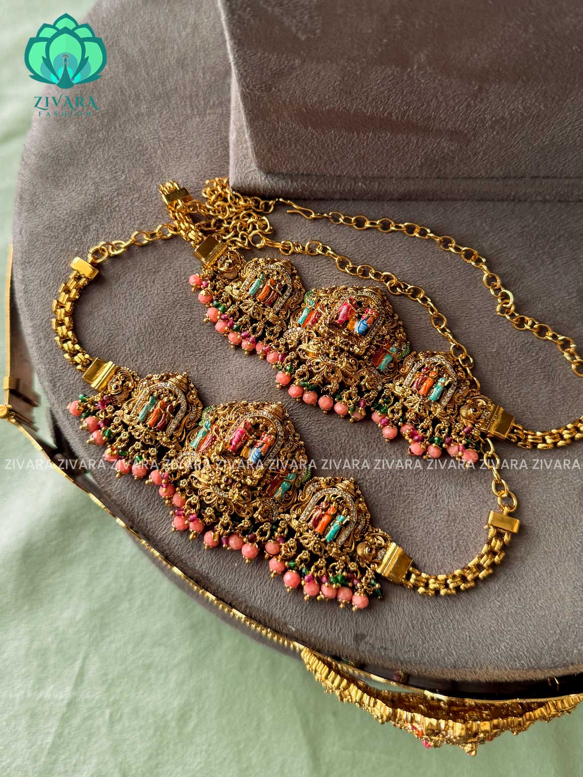 MADHURYA -  GRAND BRIDAL VINTAGE FINISH  MEENAKSHI KALYANAM SET handpainted - Traditional south indian premium neckwear with earrings- Zivara Fashion